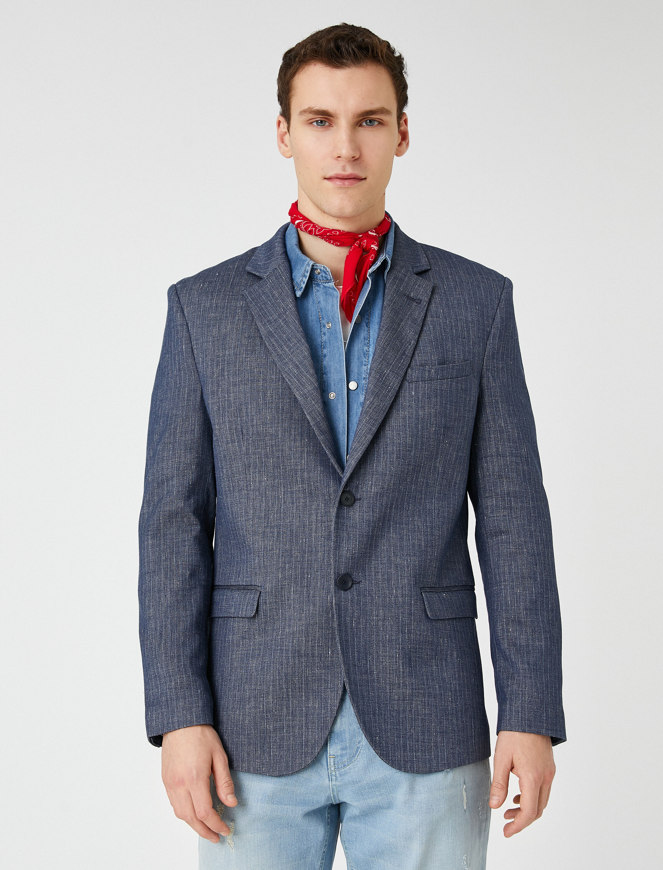 Yazlık Ceket Keten Blazer Düğme Detaylı Çizgili Cepli