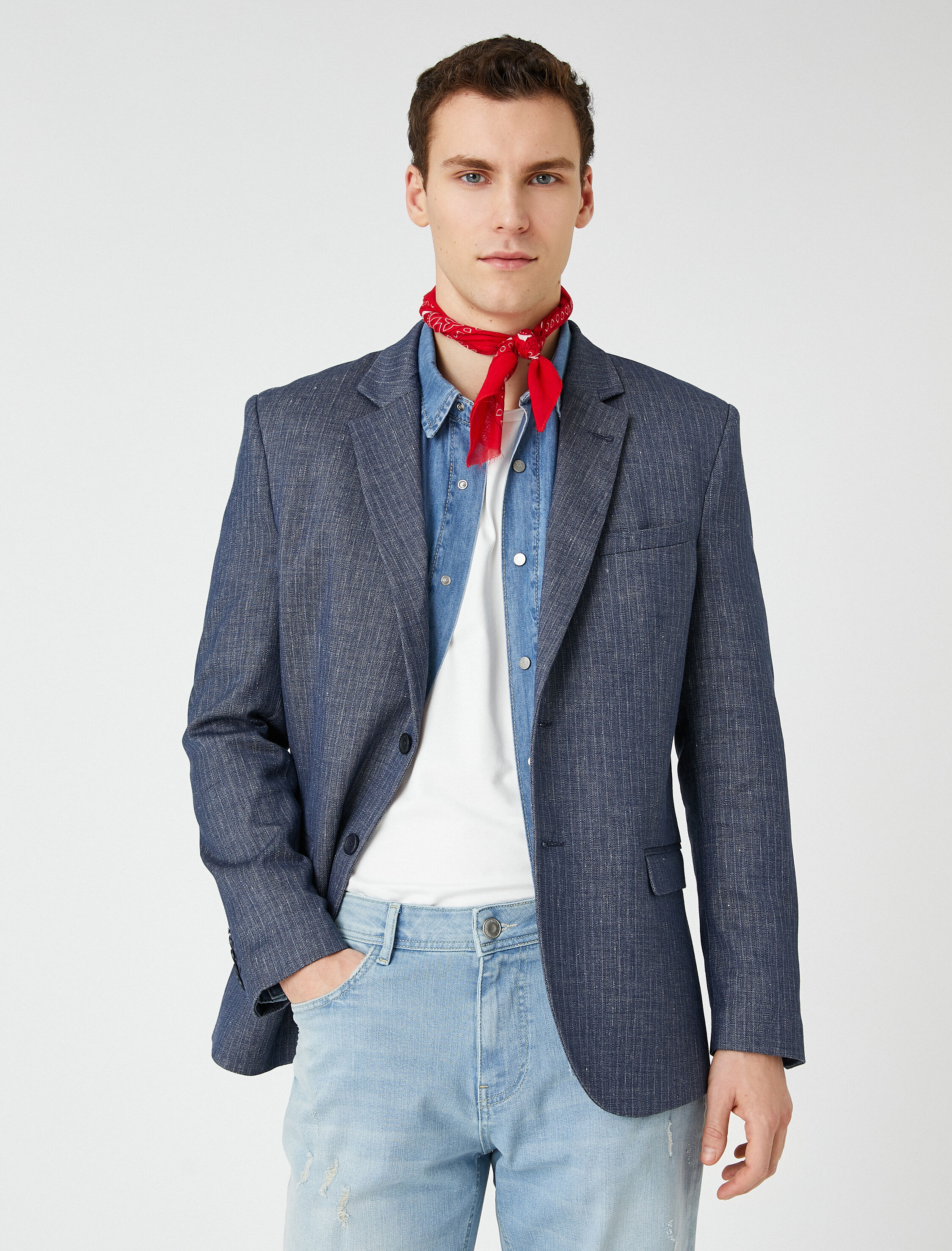 Yazlık Ceket Keten Blazer Düğme Detaylı Çizgili Cepli