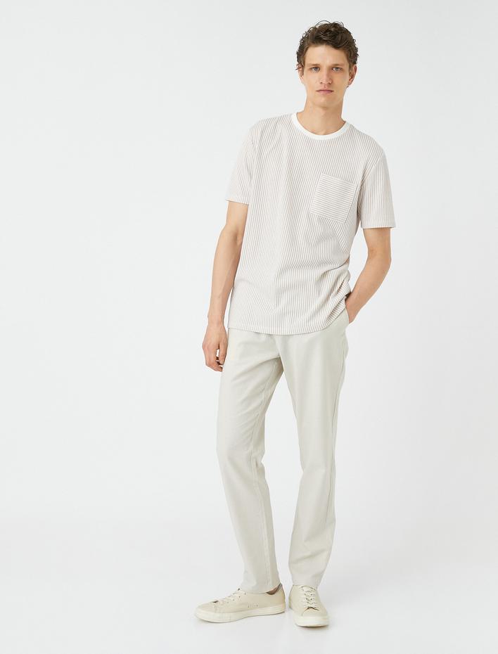  Keten Karışımlı Pantolon Düğmeli Cep Detaylı