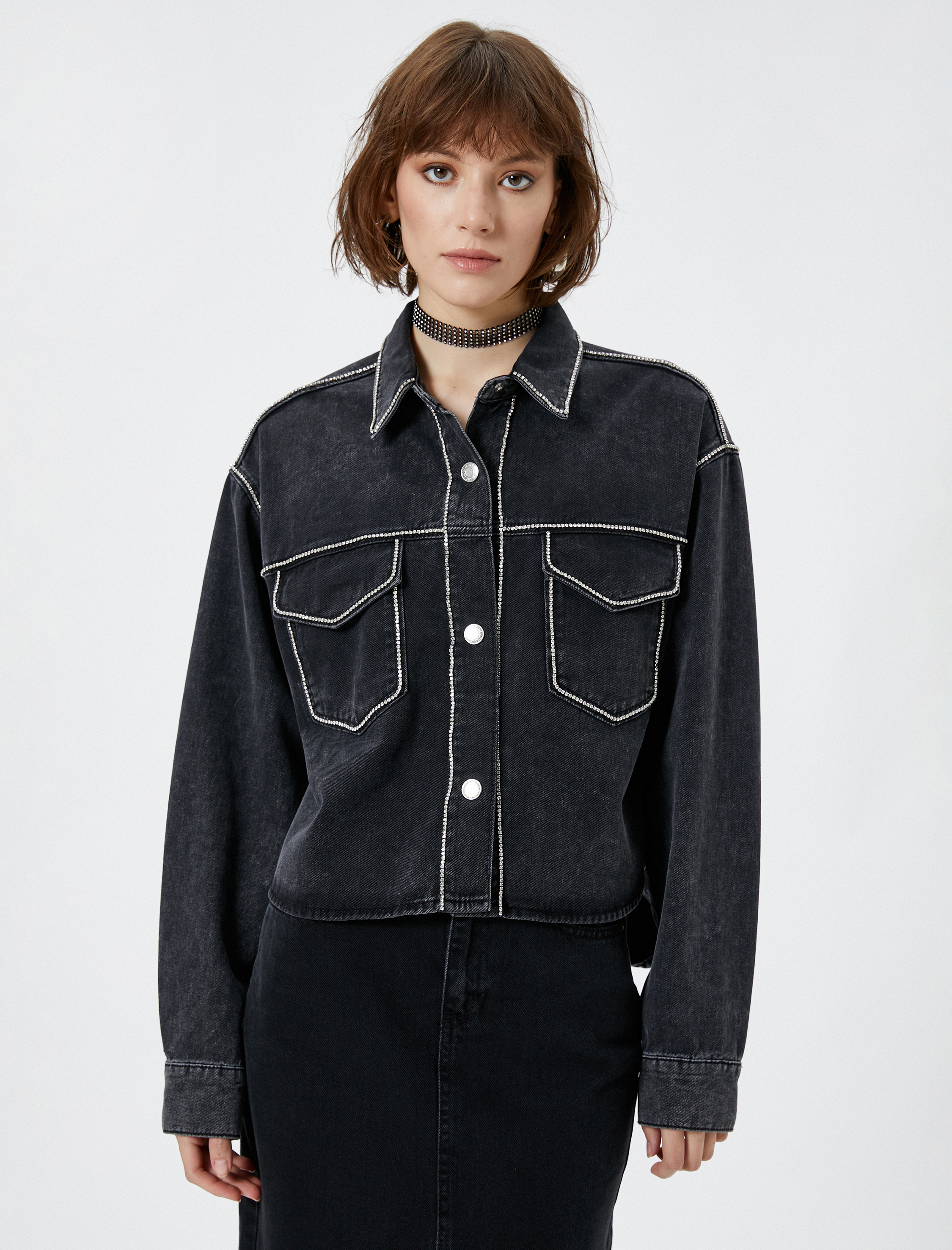   Kot Ceket Taş İşlemeli Cepli Gömlek Yaka