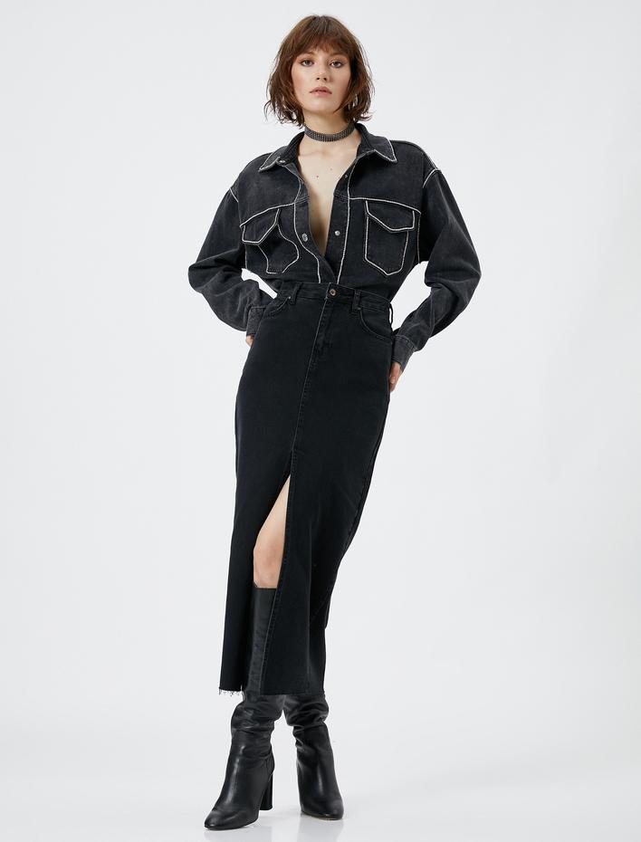  Kot Ceket Taş İşlemeli Cepli Gömlek Yaka