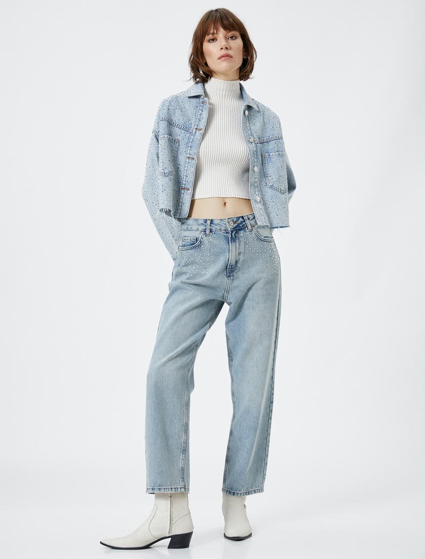   Taşlı Straight Jean Kot Pantolon Düz Paça - Eve Jeans