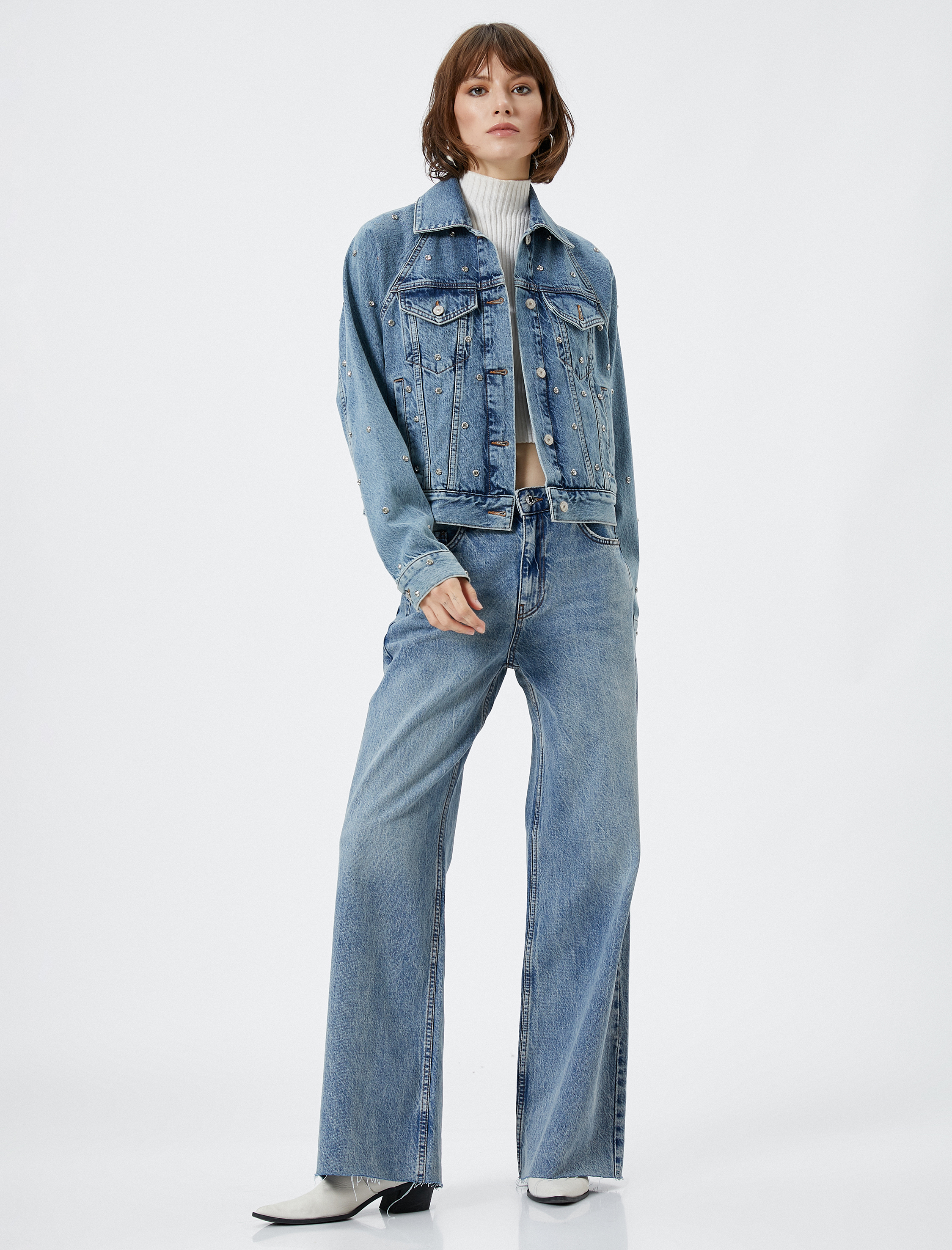   Taşlı Kot Ceket Cepli Metal Düğmeli Pamuklu