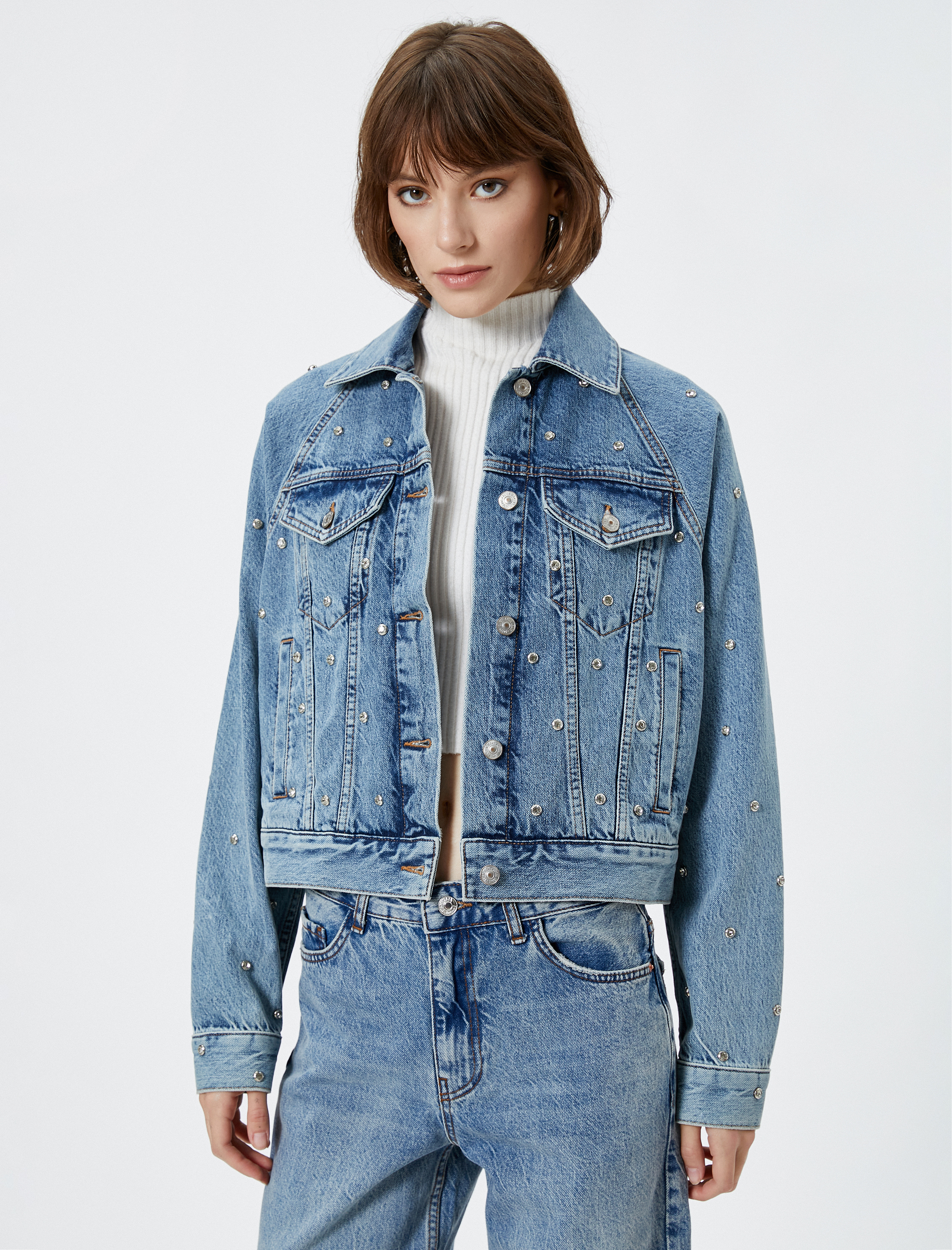   Taşlı Kot Ceket Cepli Metal Düğmeli Pamuklu