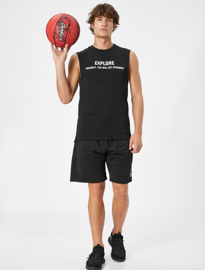  Spor Şort Beli Bağcıklı Slogan Baskılı Cepli