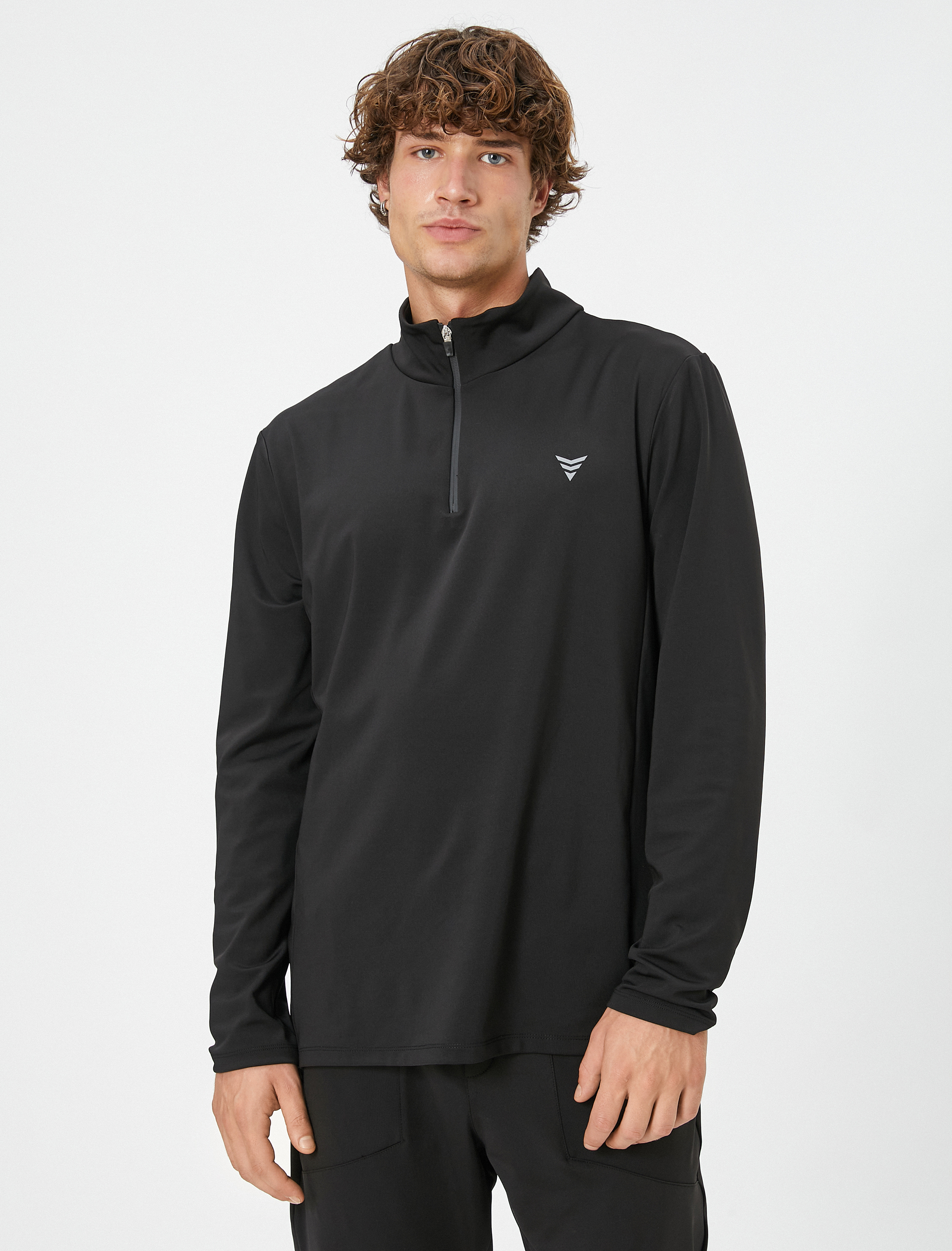   Spor Sweatshirt Dik Yaka Yarım Fermuarlı Baskılı Uzun Kollu