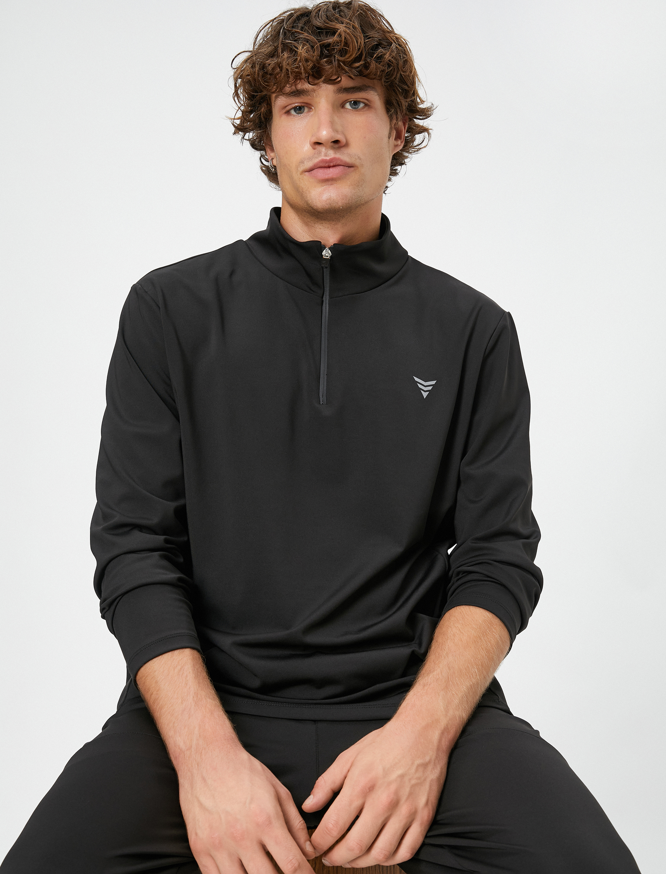   Spor Sweatshirt Dik Yaka Yarım Fermuarlı Baskılı Uzun Kollu