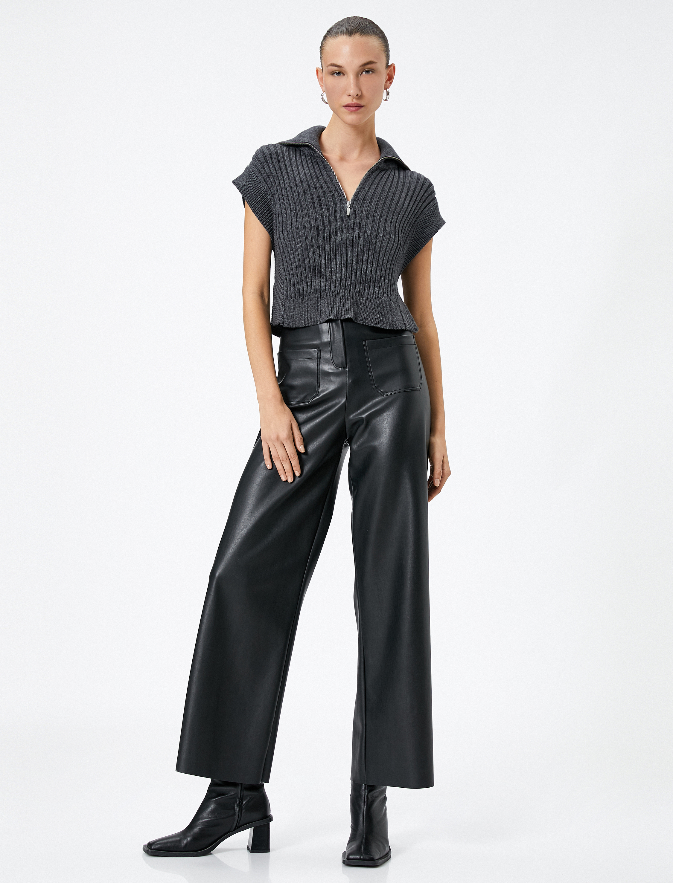   Süveter Dik Yaka Yarım Fermuarlı Ribanalı Örgü