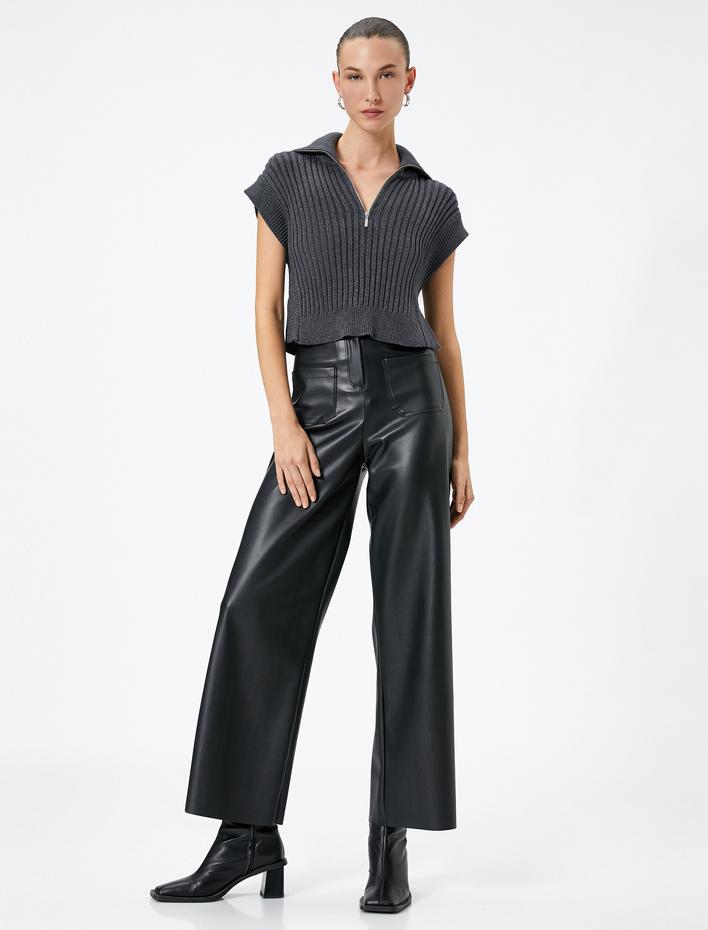  Süveter Dik Yaka Yarım Fermuarlı Ribanalı Örgü