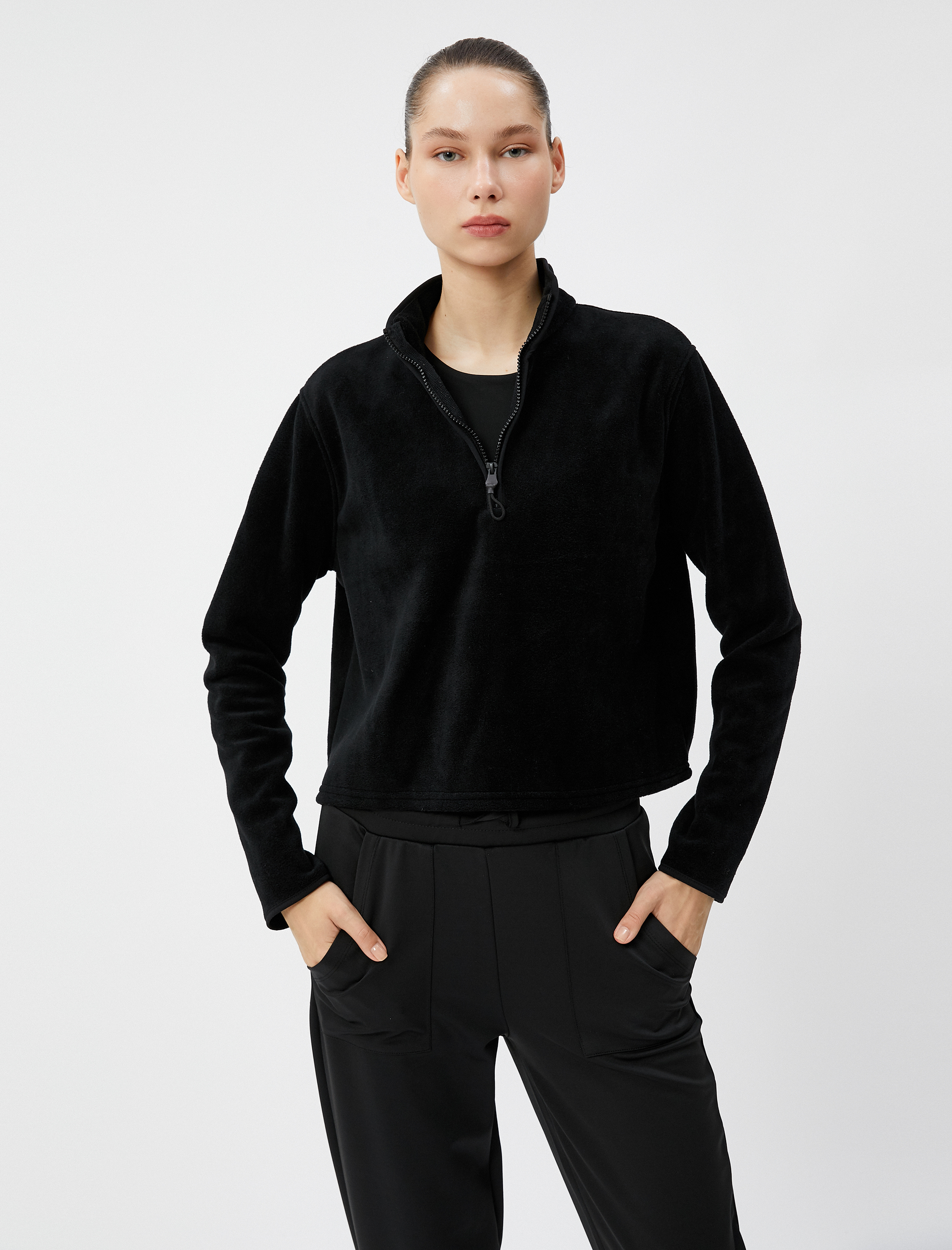 Polar Sweatshirt Yarım Fermuarlı Dik Yaka Uzun Kollu Rahat Kesim