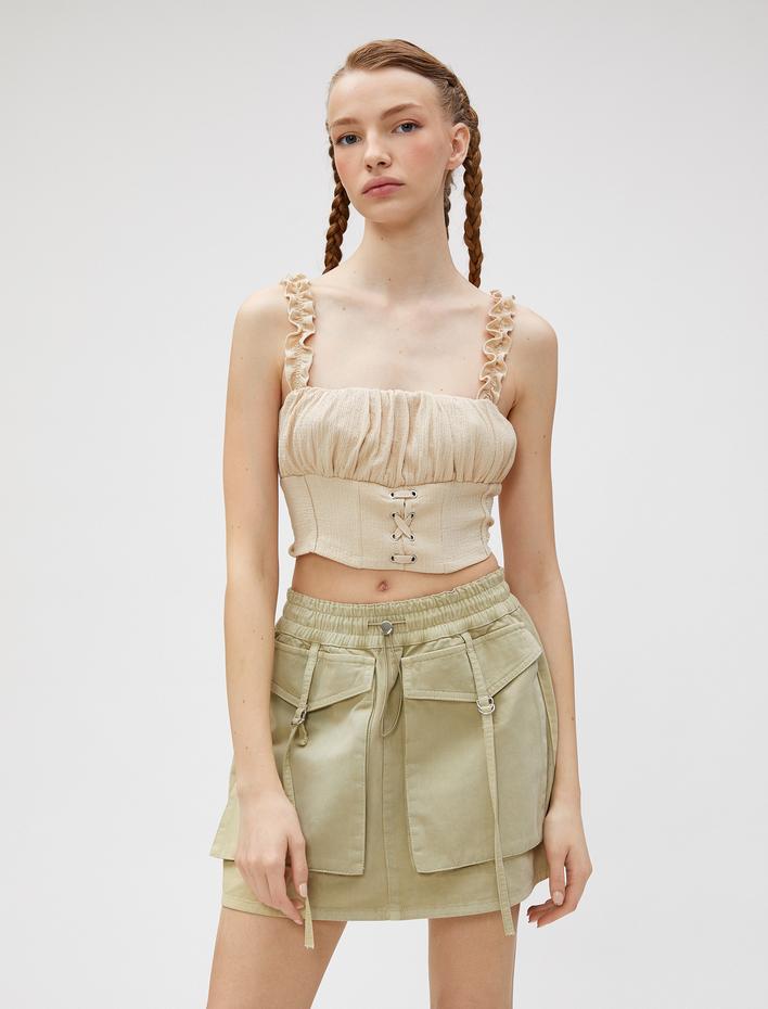  Crop Üst Fırfırlı Askılı Korse Görünümlü Slim Fit Bürümcük
