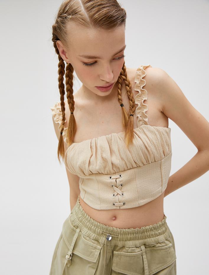  Crop Üst Fırfırlı Askılı Korse Görünümlü Slim Fit Bürümcük