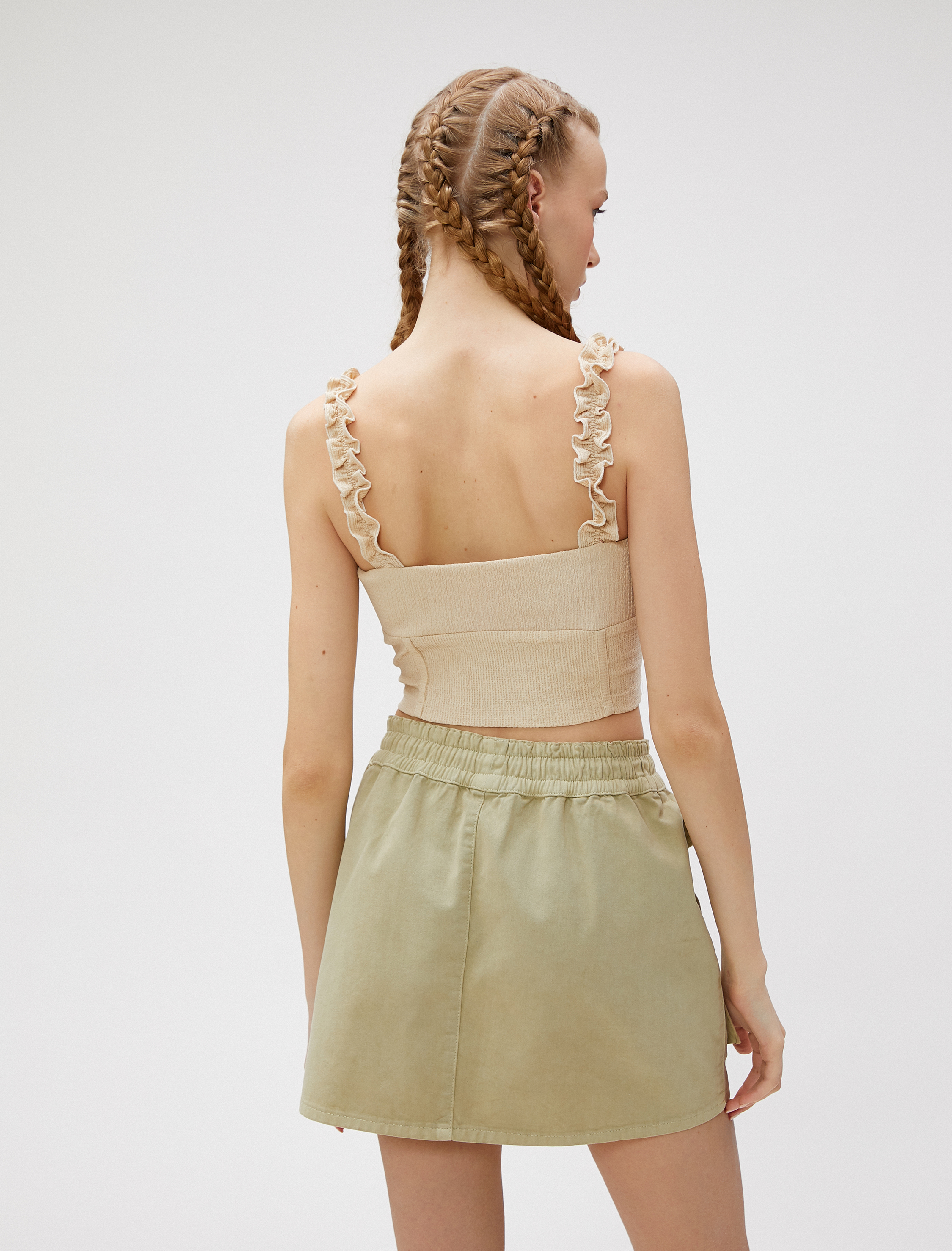   Crop Üst Fırfırlı Askılı Korse Görünümlü Slim Fit Bürümcük