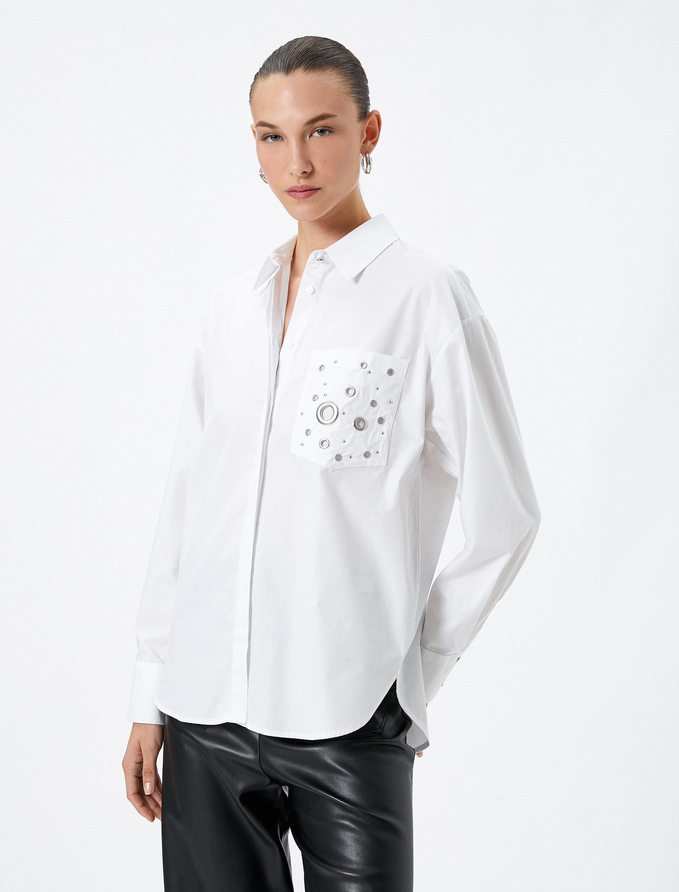   Oversize Gömlek Kuşgözü Detaylı Cepli Pamuklu