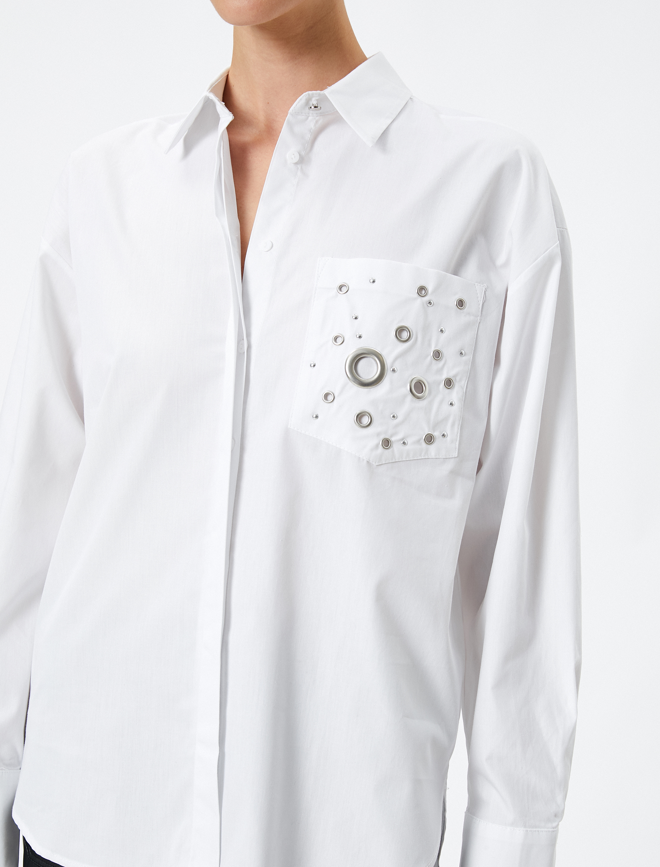   Oversize Gömlek Kuşgözü Detaylı Cepli Pamuklu