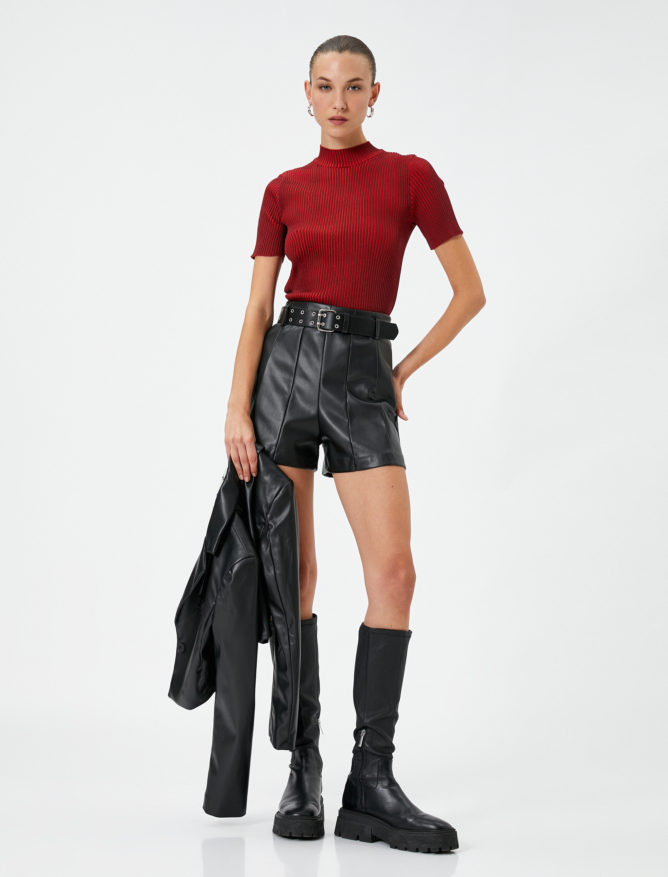   Triko Kazak Kısa Kollu Fitilli Yarım Balıkçı Yaka Slim Fit