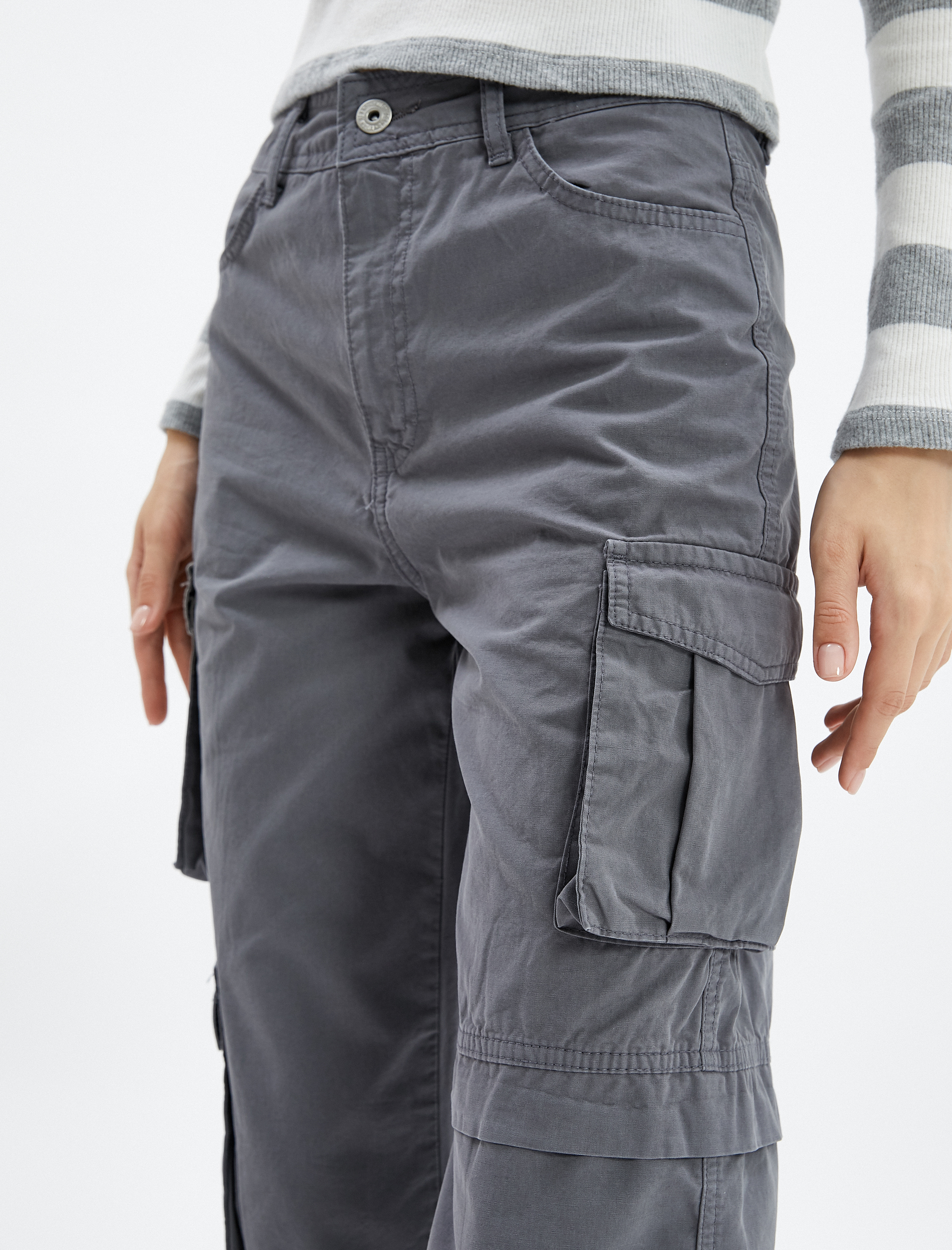   Kargo Pantolon Yüksek Bel Düz Uzun Kesim Cepli Katlı Pamuklu - Nora Jean