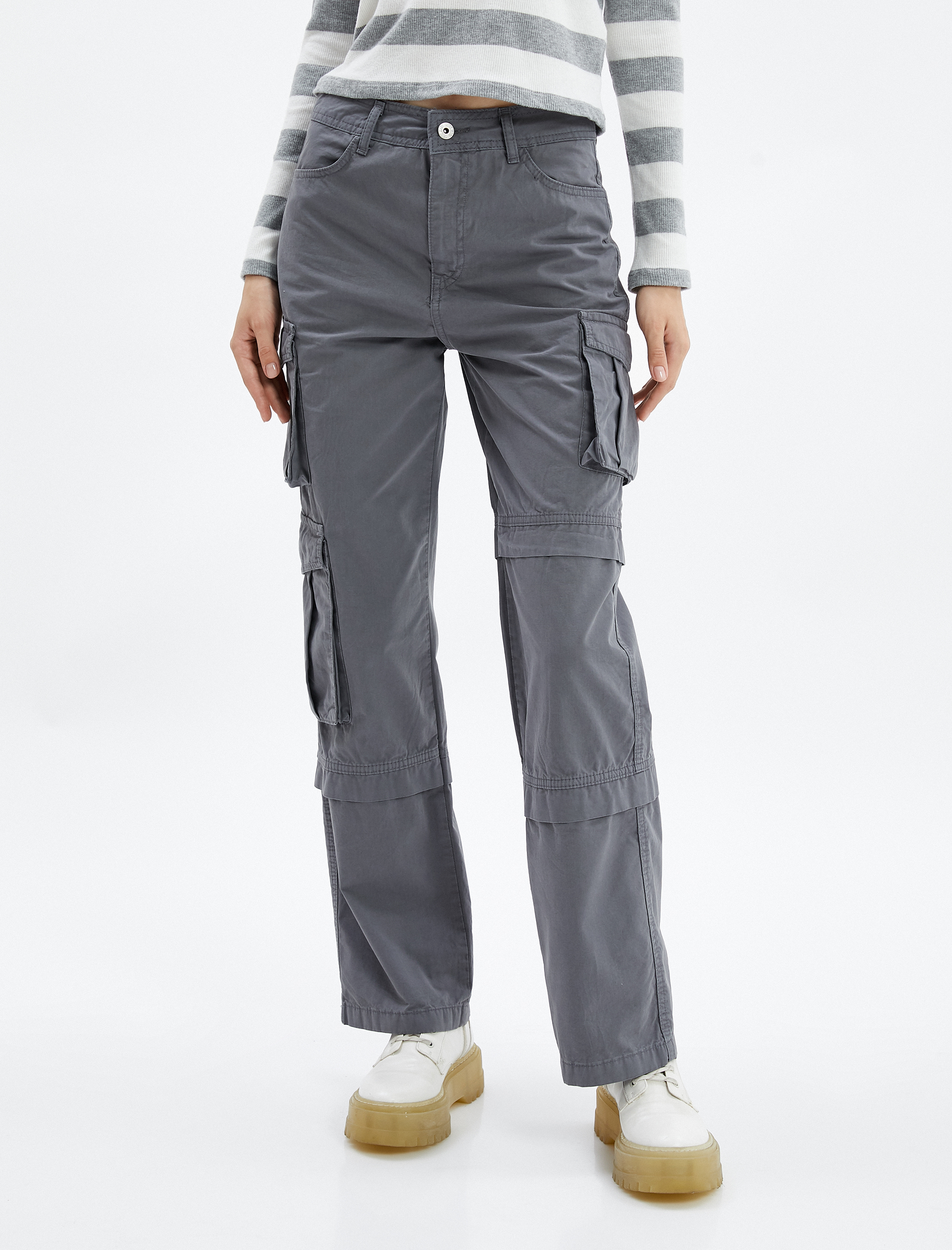   Kargo Pantolon Yüksek Bel Düz Uzun Kesim Cepli Katlı Pamuklu - Nora Jean