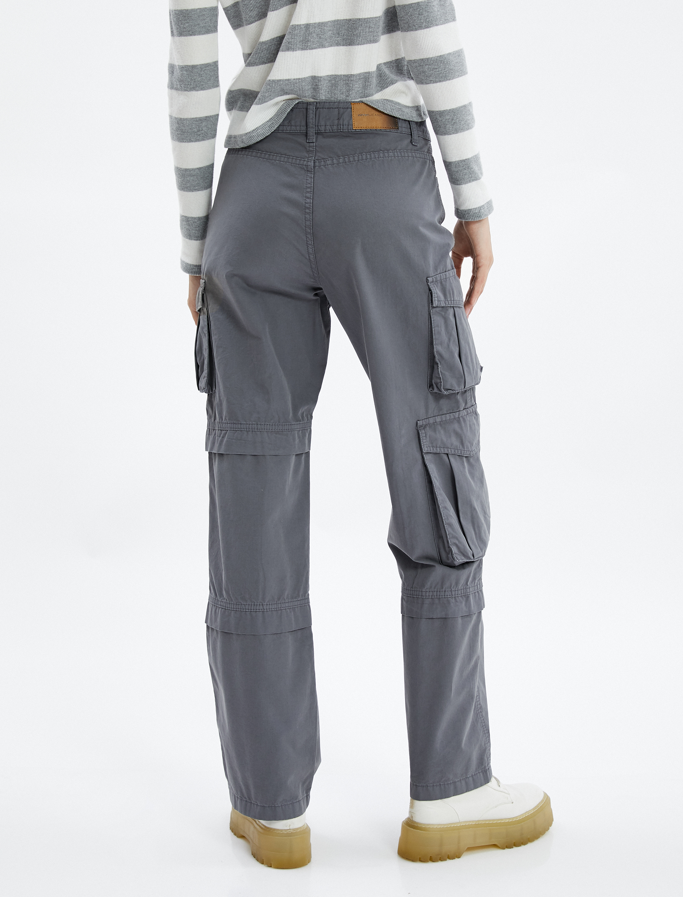   Kargo Pantolon Yüksek Bel Düz Uzun Kesim Cepli Katlı Pamuklu - Nora Jean