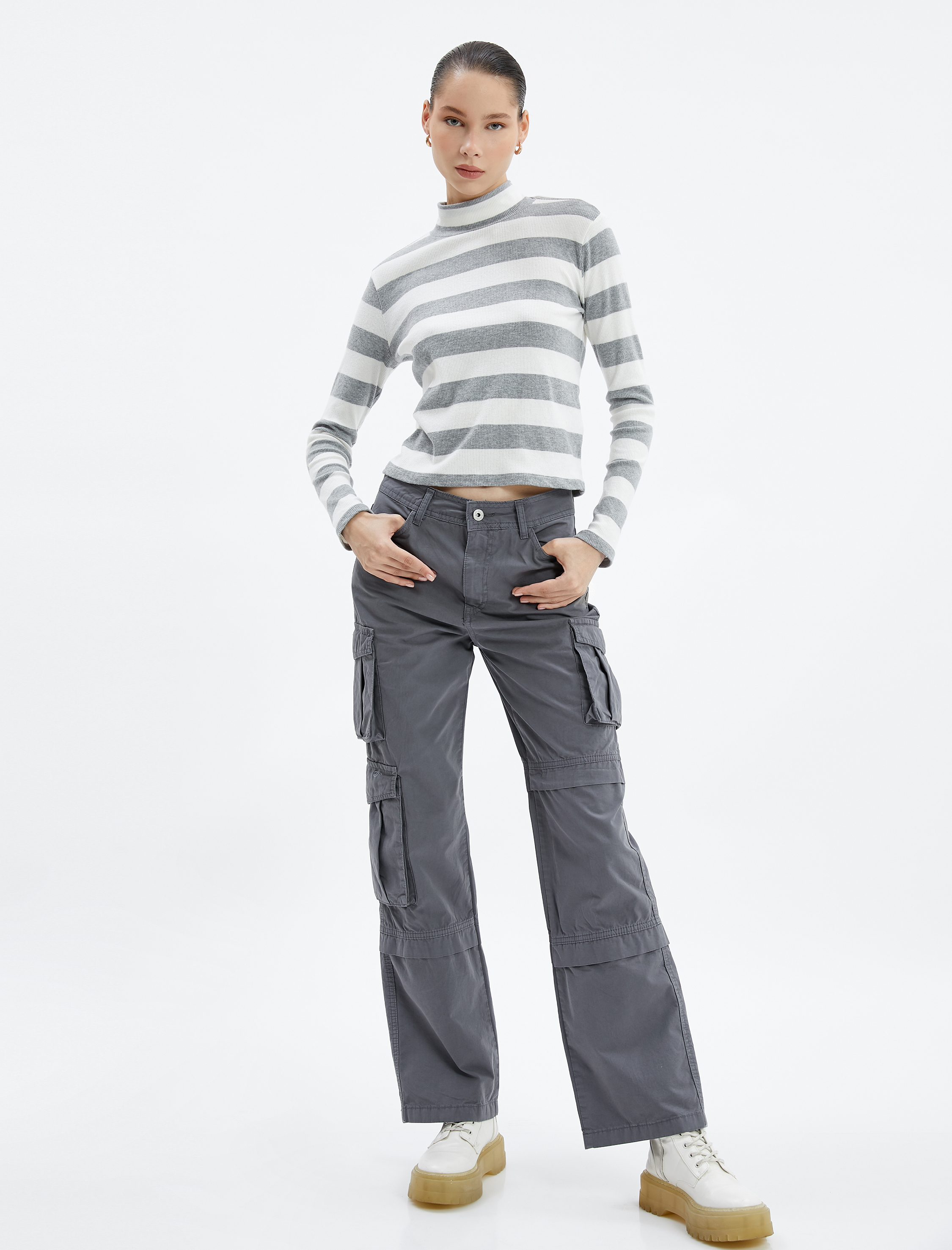   Kargo Pantolon Yüksek Bel Düz Uzun Kesim Cepli Katlı Pamuklu - Nora Jean