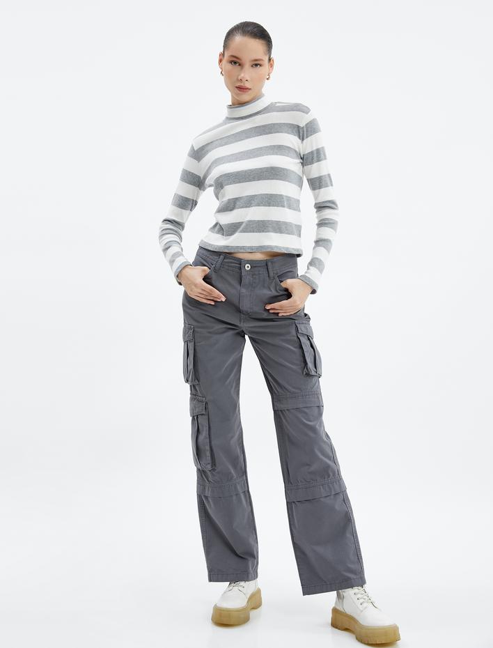  Kargo Pantolon Yüksek Bel Düz Uzun Kesim Cepli Katlı Pamuklu - Nora Jean