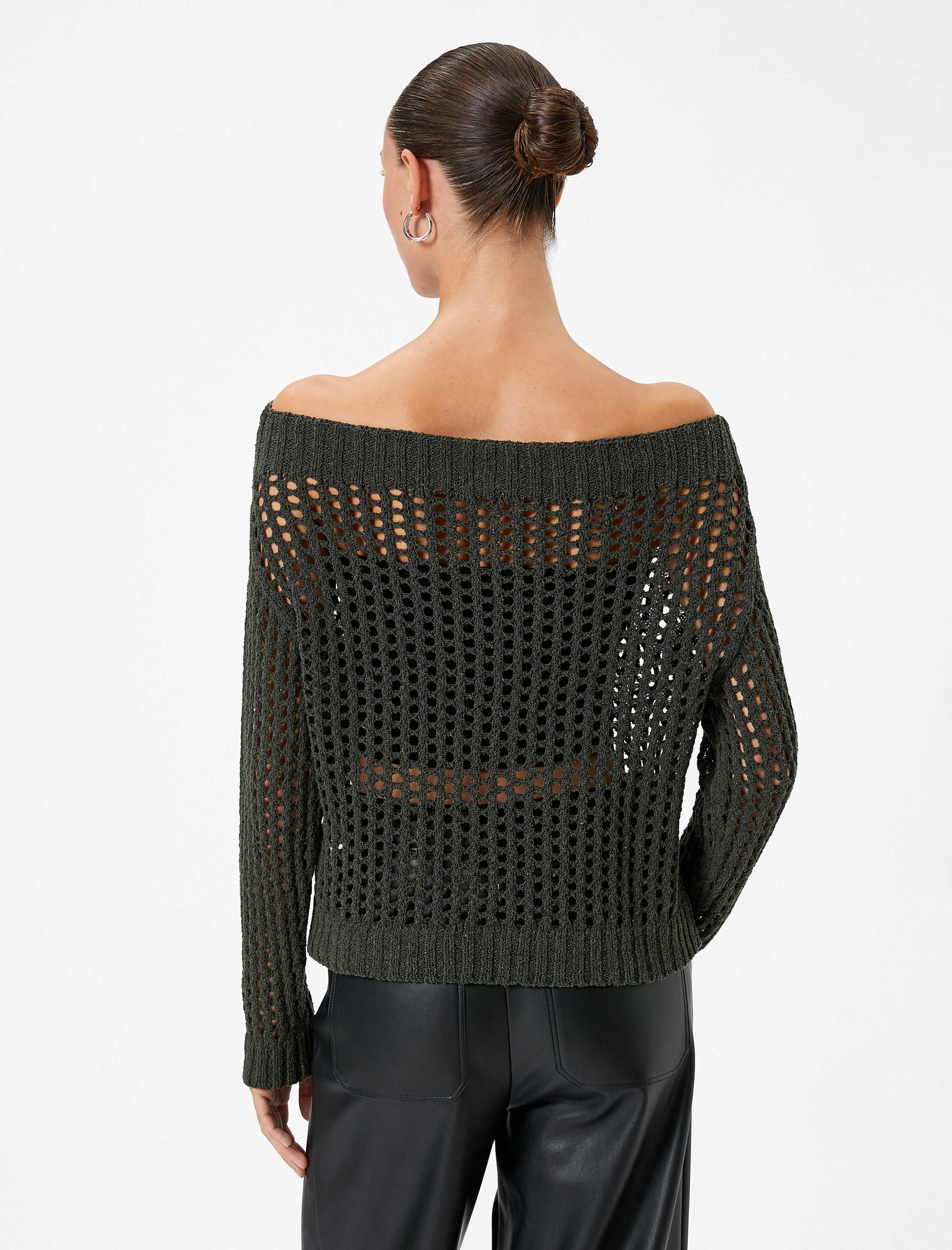   Kayık Yaka Kazak Oversize Ajurlu Örgü