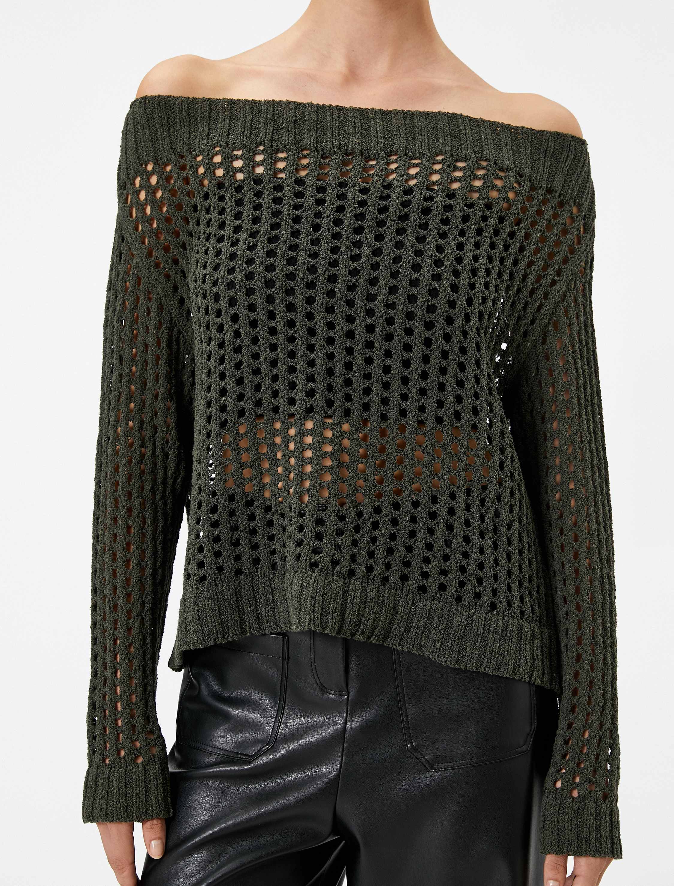   Kayık Yaka Kazak Oversize Ajurlu Örgü