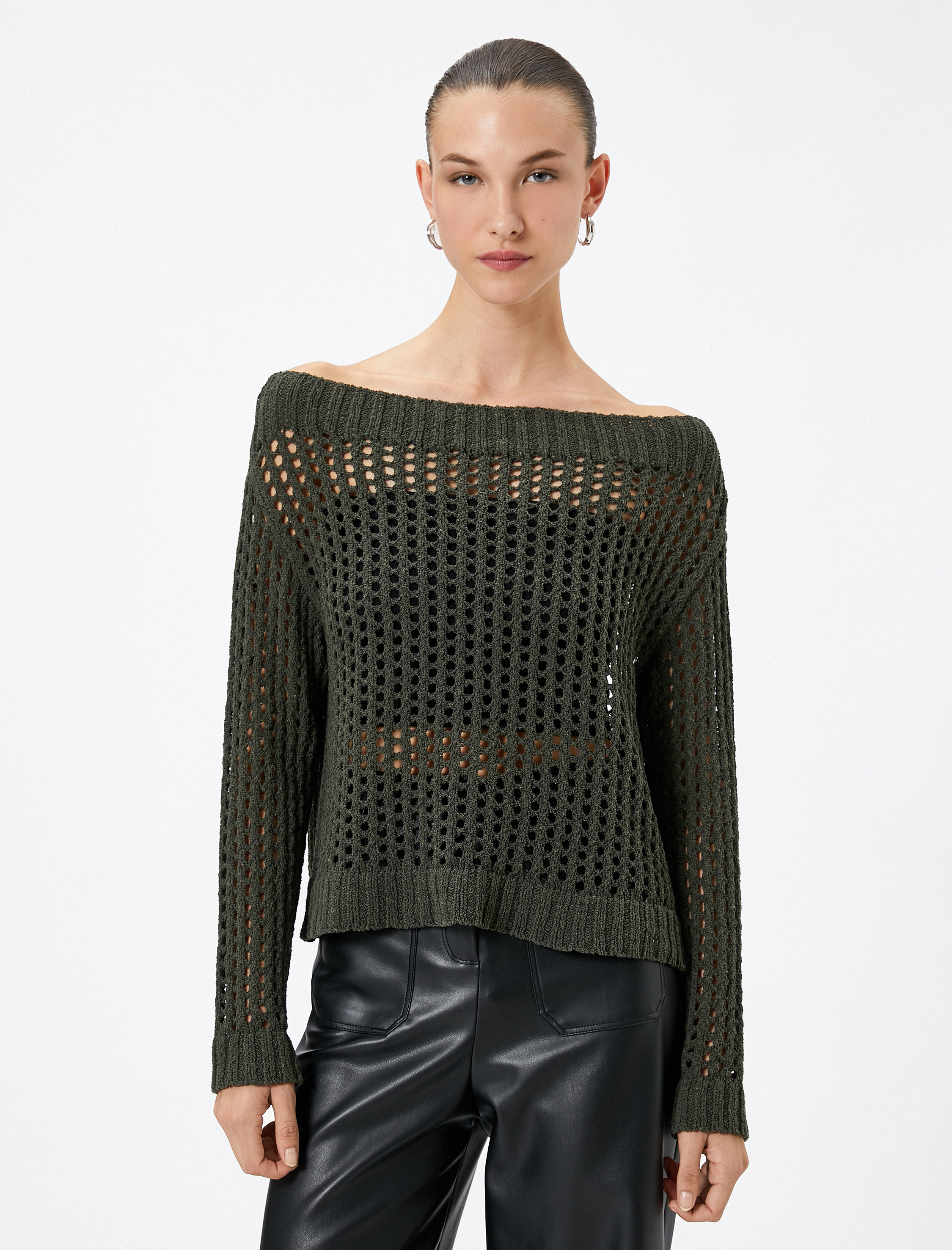   Kayık Yaka Kazak Oversize Ajurlu Örgü