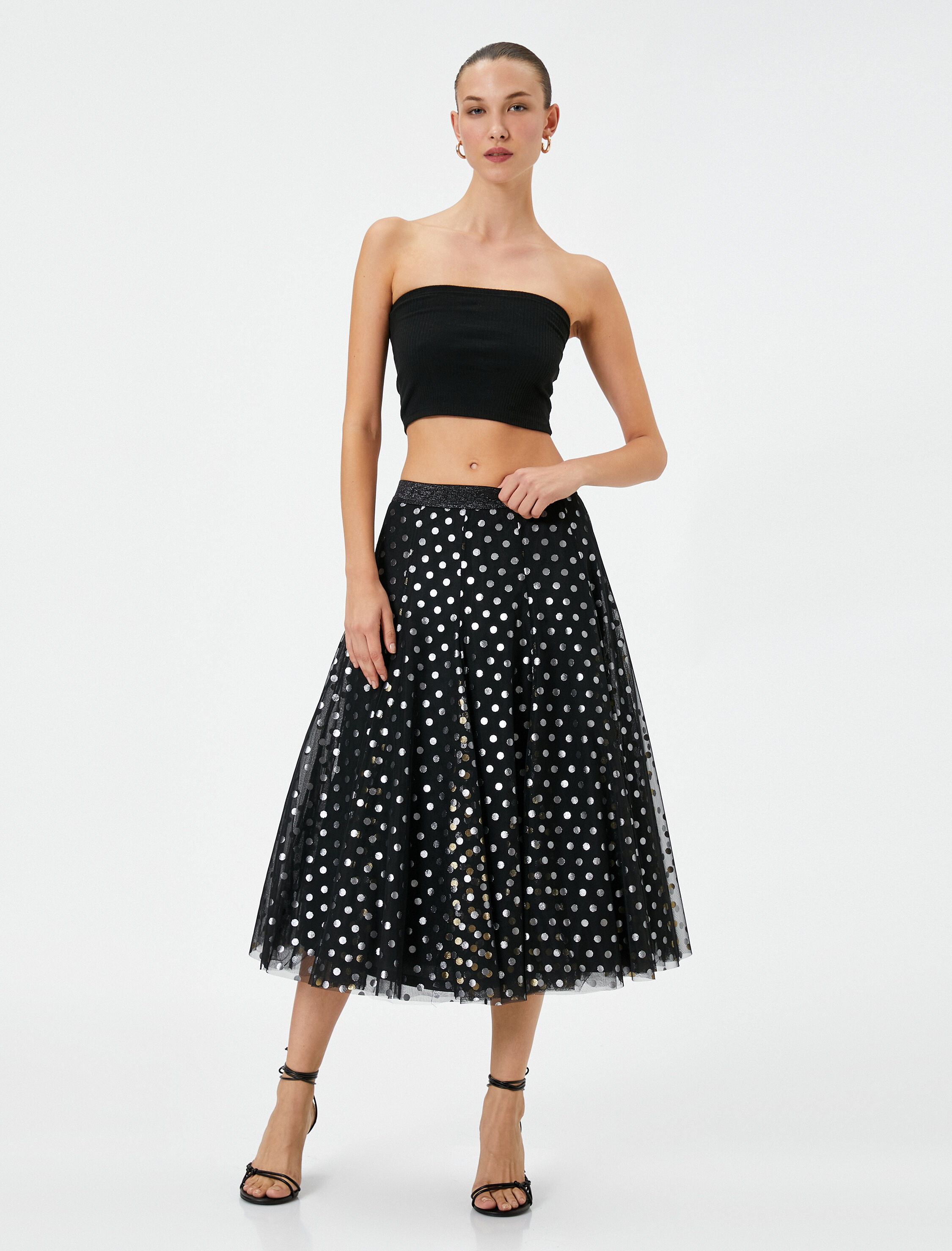   Midi Tüllü Etek Simli Katlı Puantiye Desenli