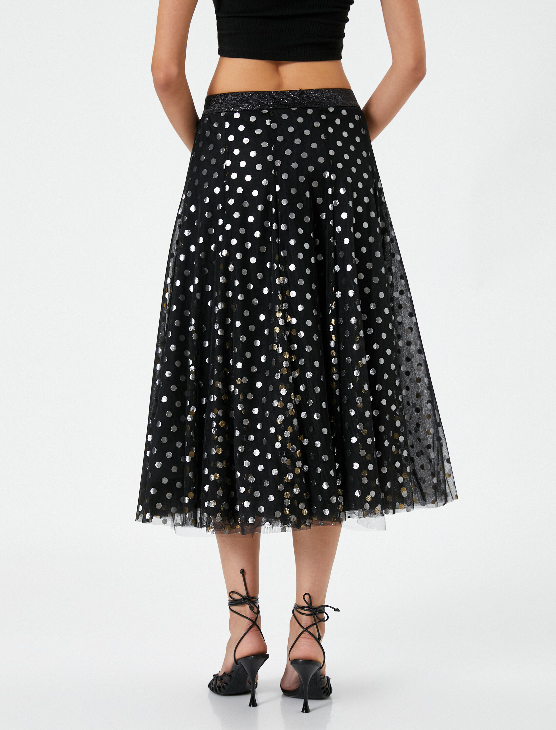   Midi Tüllü Etek Simli Katlı Puantiye Desenli