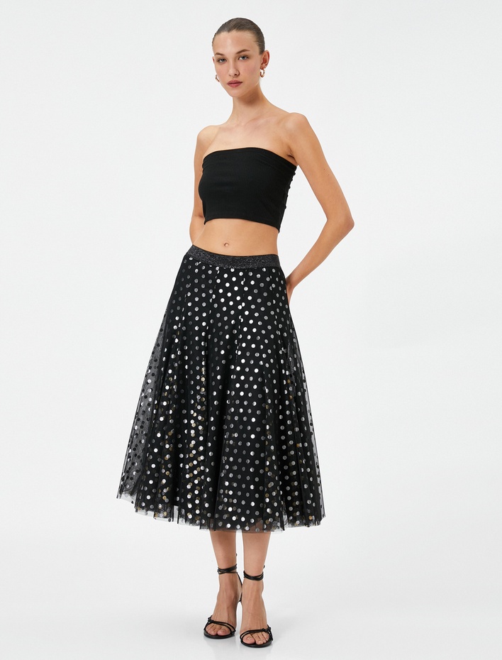 Midi Tüllü Etek Simli Katlı Puantiye Desenli