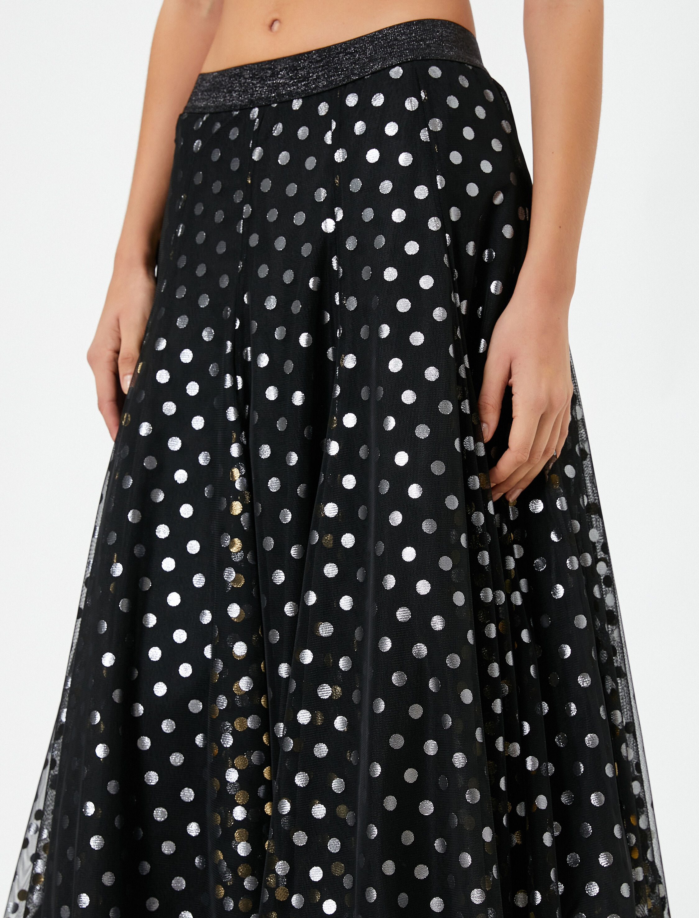   Midi Tüllü Etek Simli Katlı Puantiye Desenli