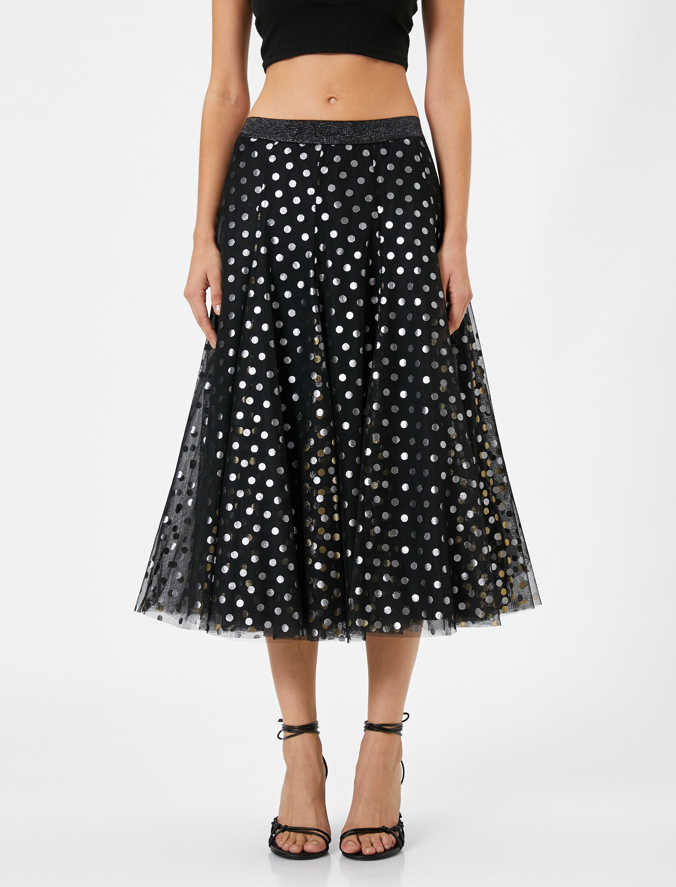   Midi Tüllü Etek Simli Katlı Puantiye Desenli