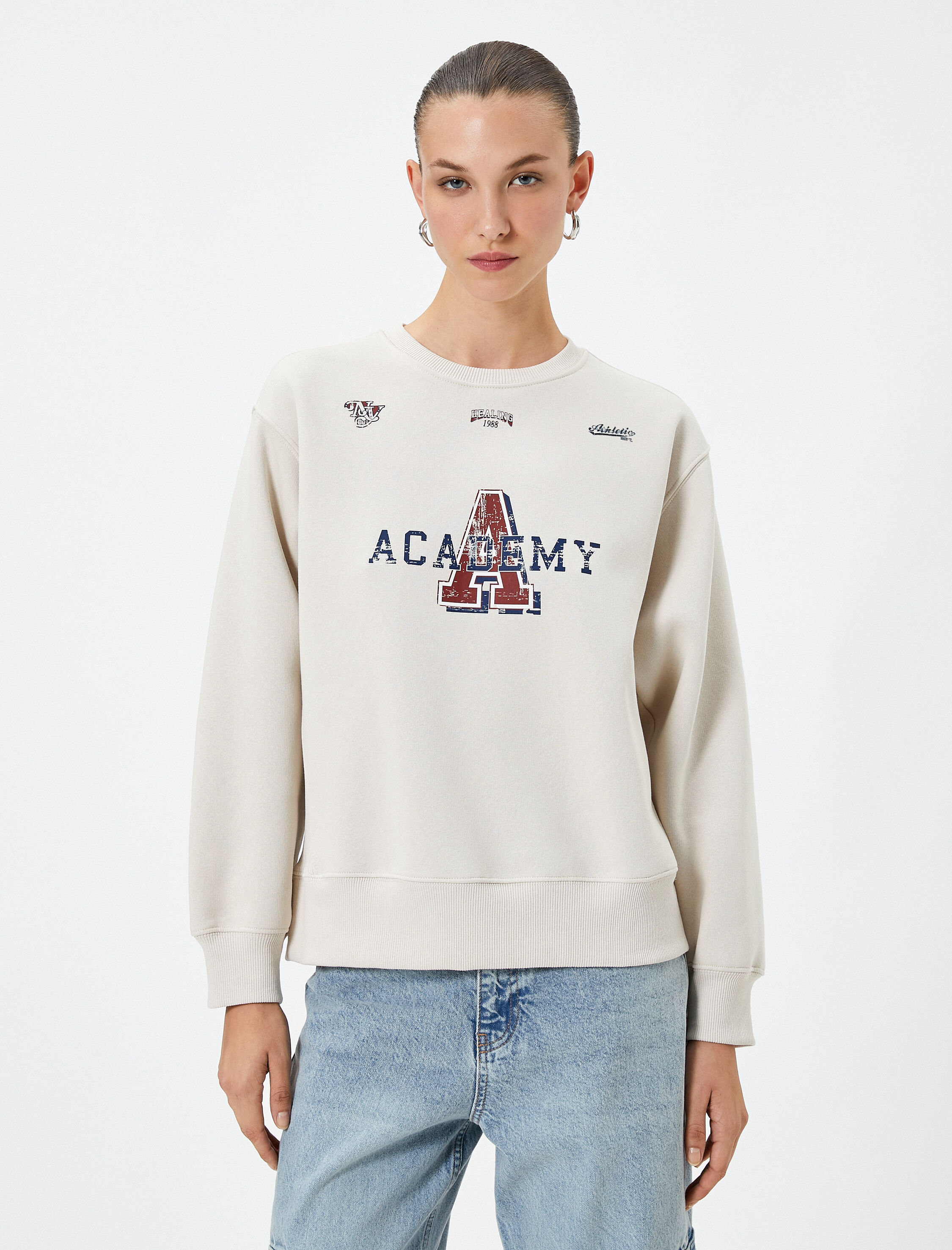   Kolej Sweatshirt Bisiklet Yaka Baskılı Ribanalı