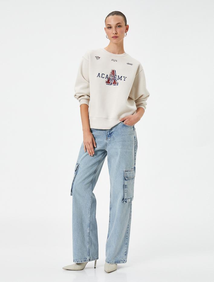  Kolej Sweatshirt Bisiklet Yaka Baskılı Ribanalı