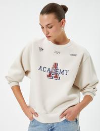 Kolej Sweatshirt Bisiklet Yaka Baskılı Ribanalı