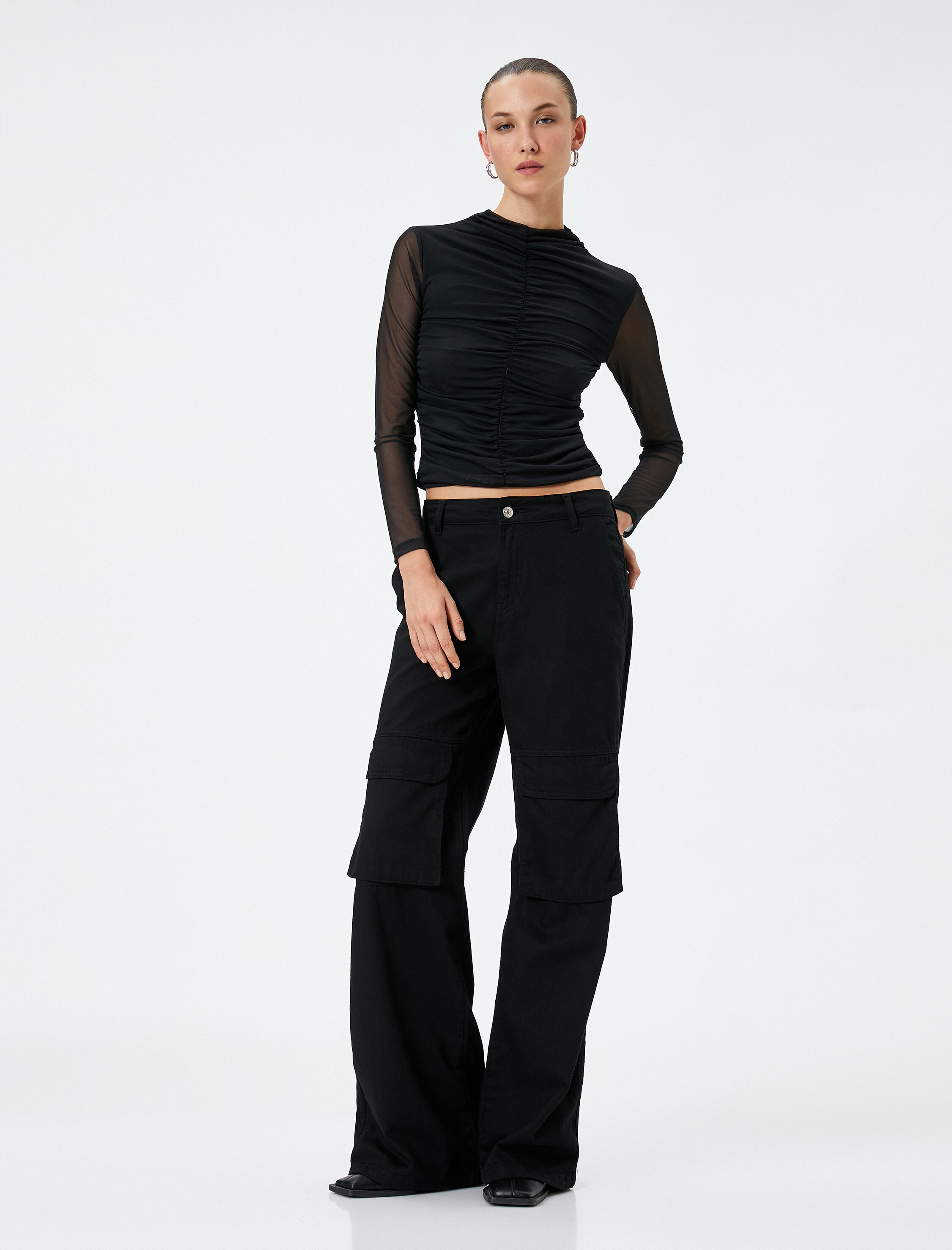   Uzun Kollu Tişört Kolları Tül Drapeli