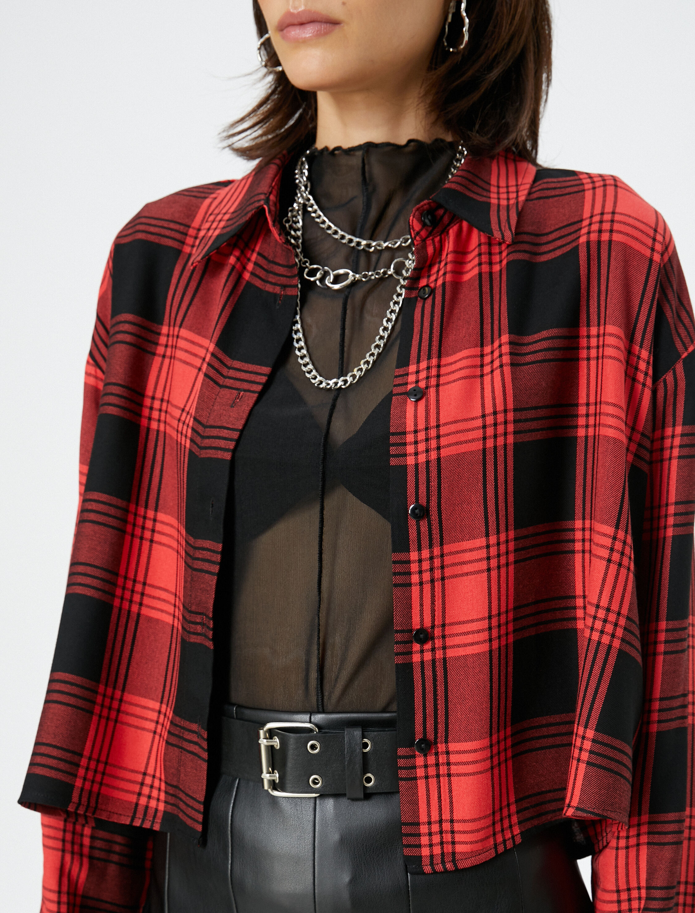   Oduncu Gömleği Crop Düğmeli Klasik Yaka Viskon