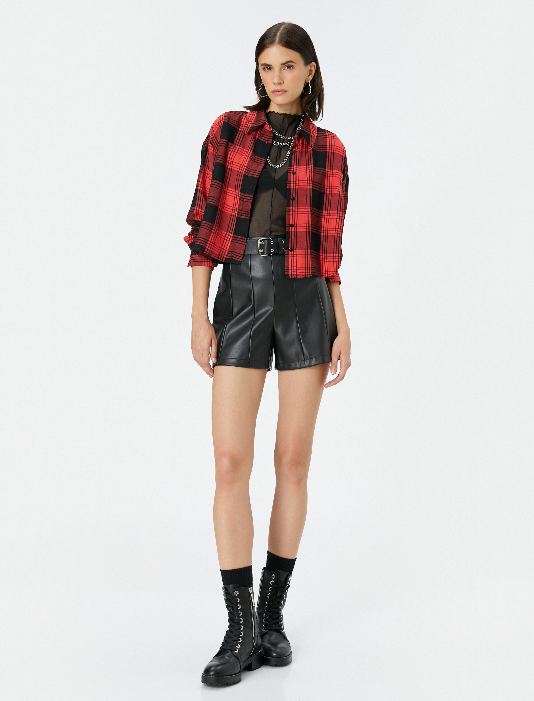   Oduncu Gömleği Crop Düğmeli Klasik Yaka Viskon