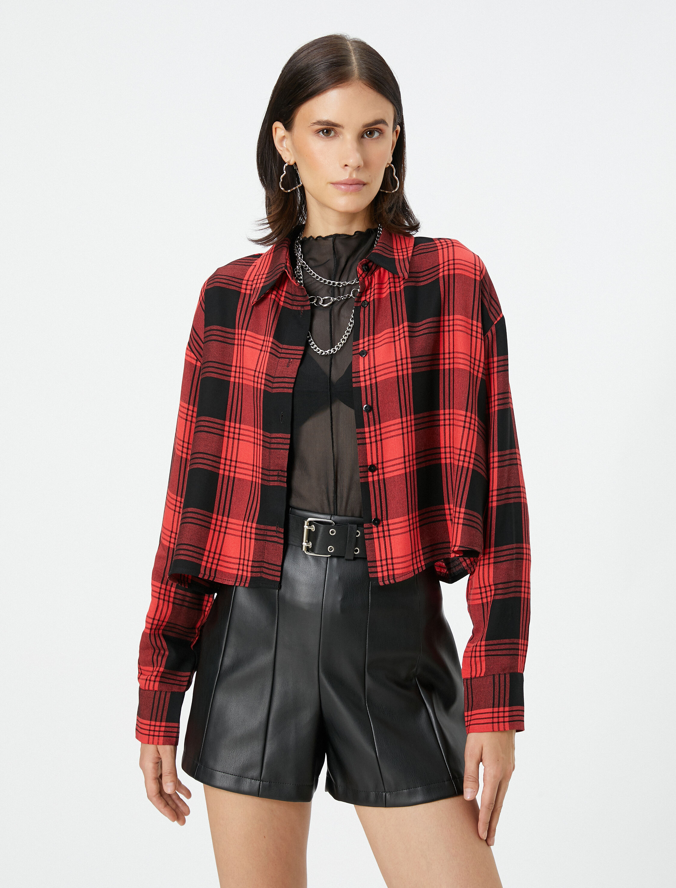   Oduncu Gömleği Crop Düğmeli Klasik Yaka Viskon