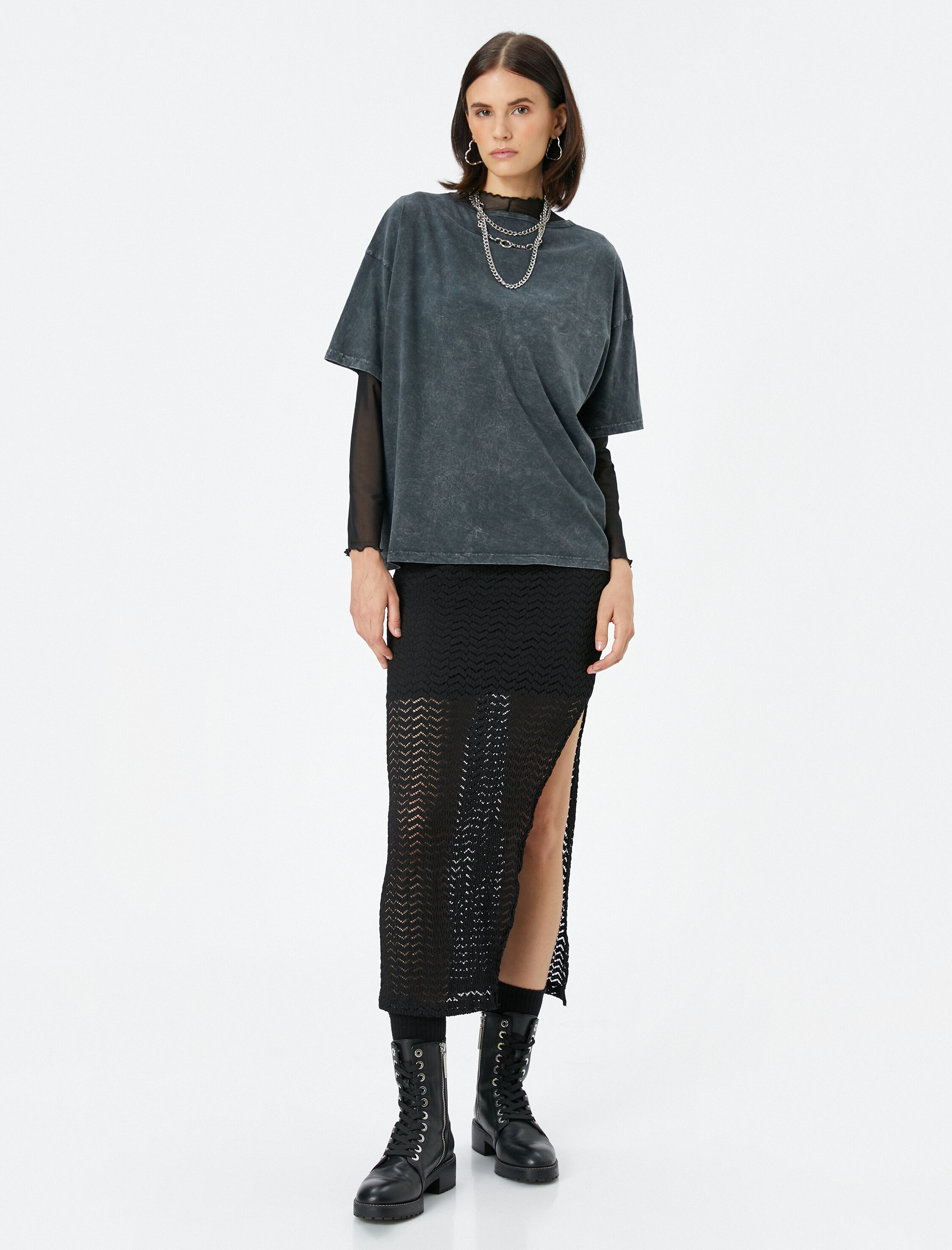 Midi Etek Yırtmaçlı Ajurlu Normal Bel