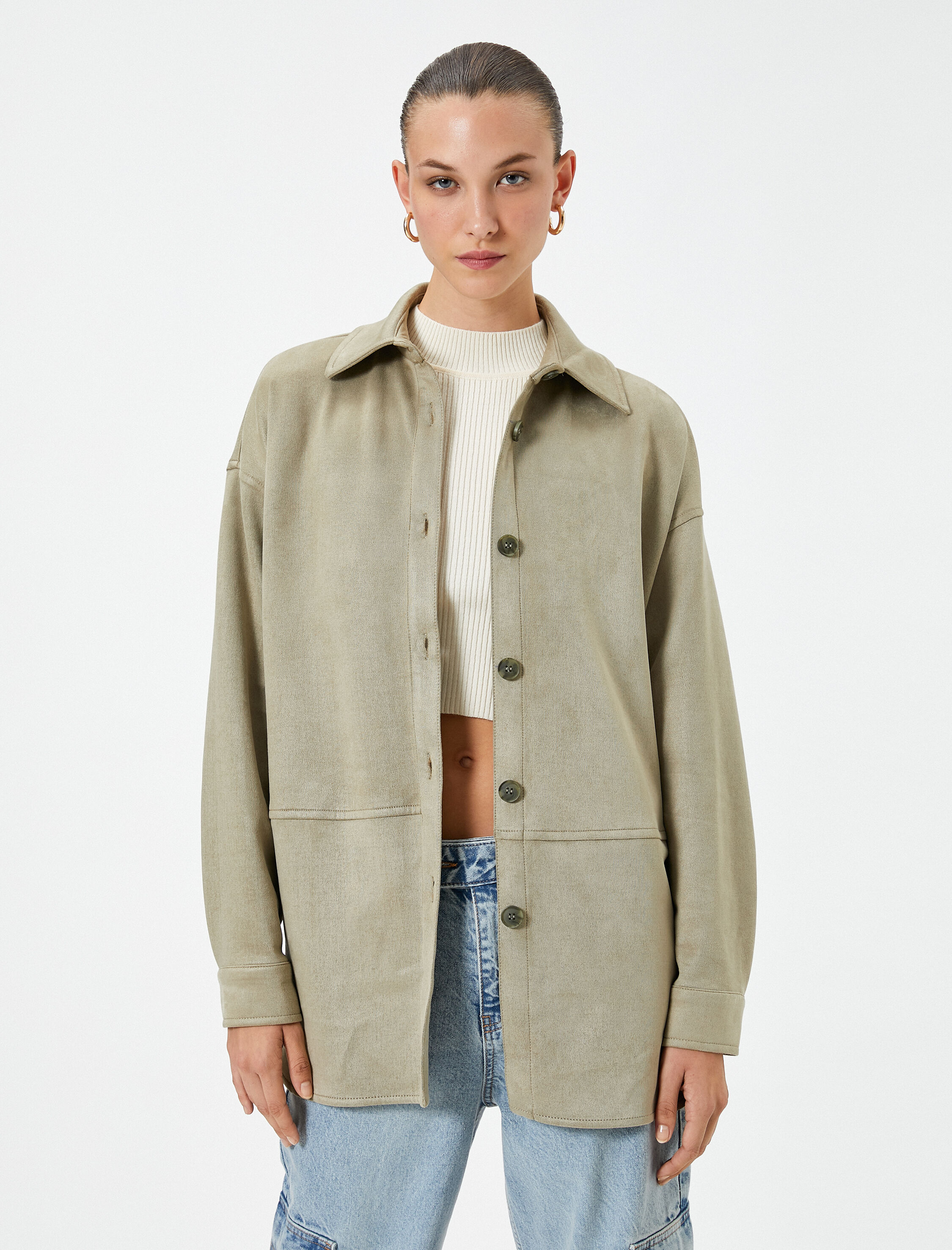   Süet Görünümlü Ceket Düğmeli Gömlek Yaka