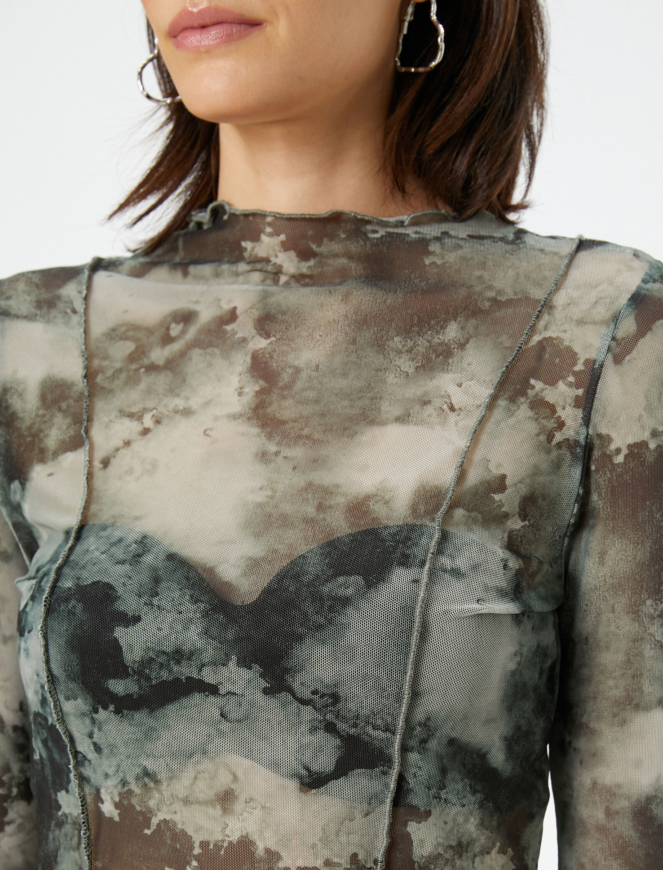   Uzun Kollu Tişört Batik Desenli Transparan