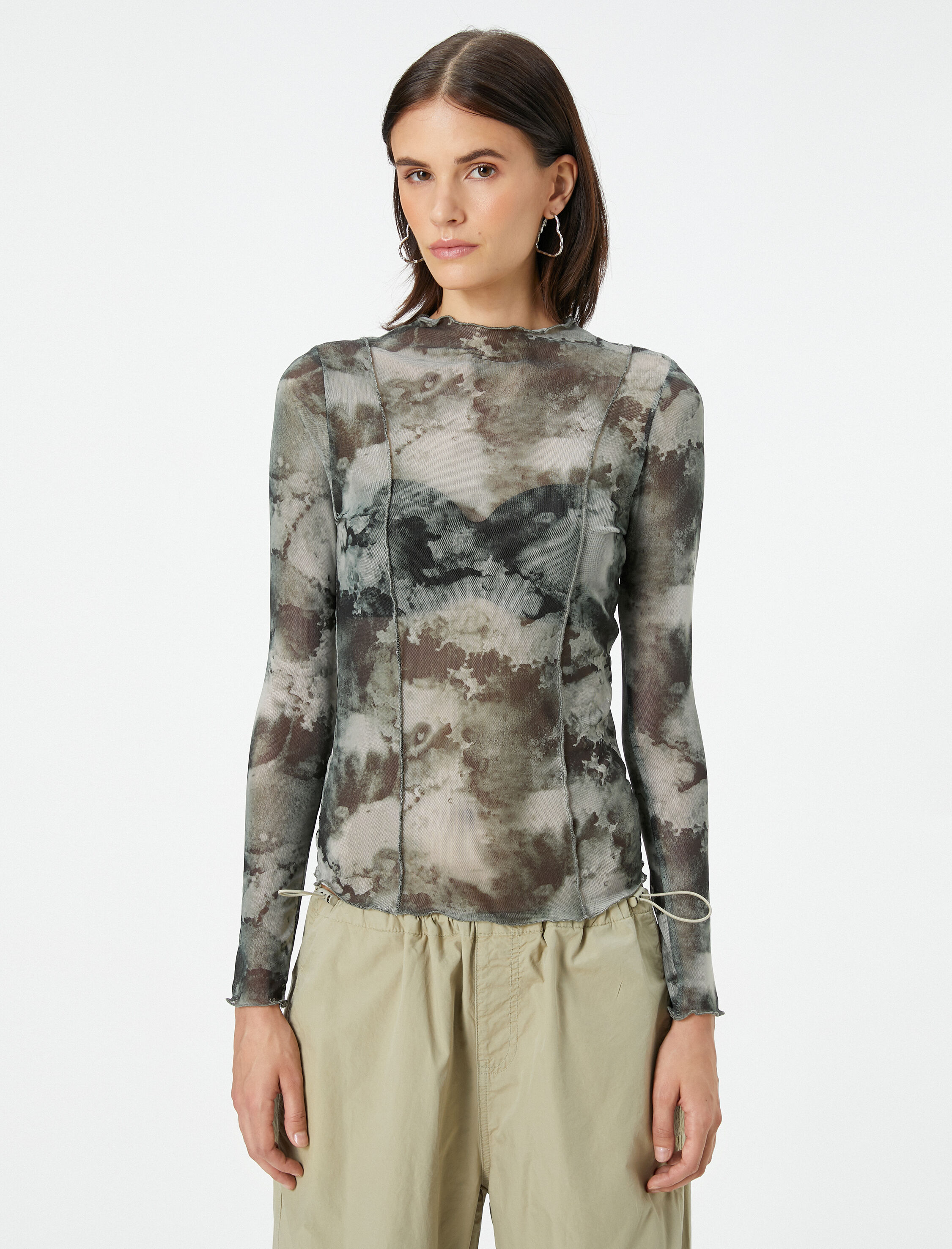   Uzun Kollu Tişört Batik Desenli Transparan