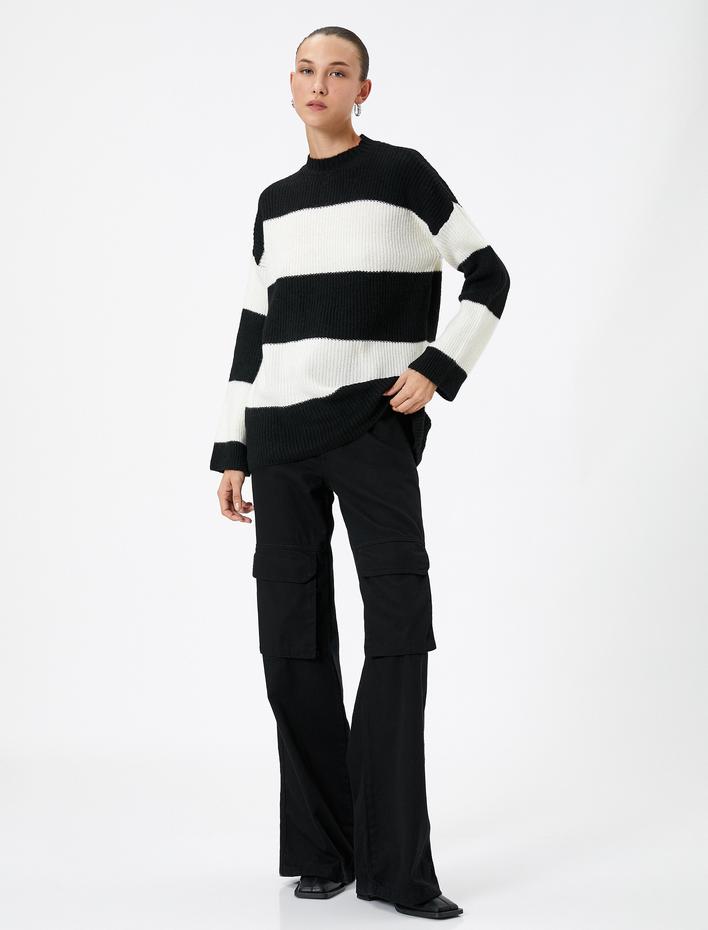  Örgü Kazak Düşük Omuzlu Hafif Dik Yaka