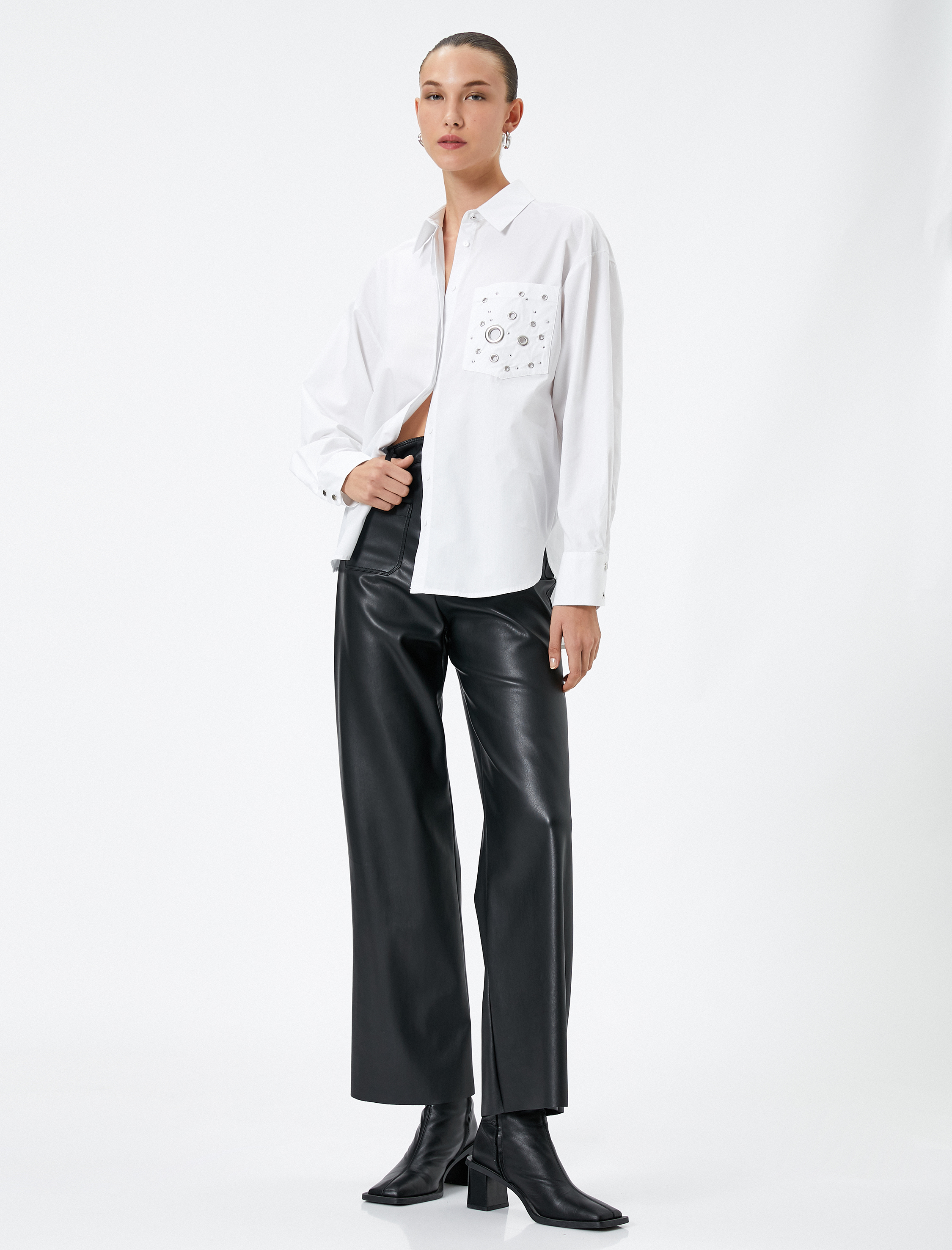   Oversize Gömlek Kuşgözü Detaylı Cepli Pamuklu