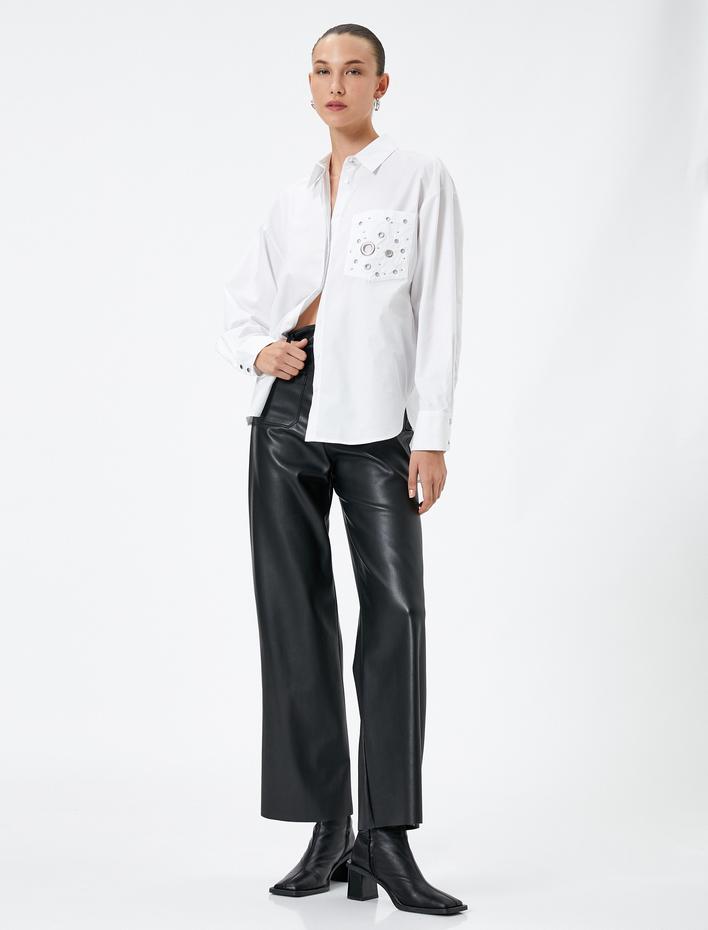  Oversize Gömlek Kuşgözü Detaylı Cepli Pamuklu