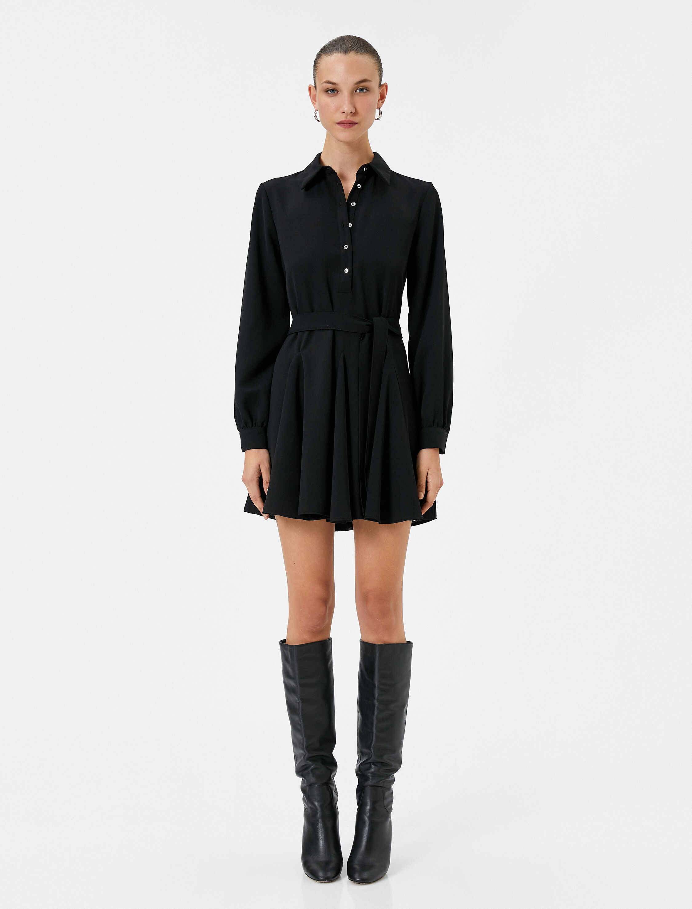   Mini Balon Kol Elbise Volanlı Beli Kuşaklı Düğmeli