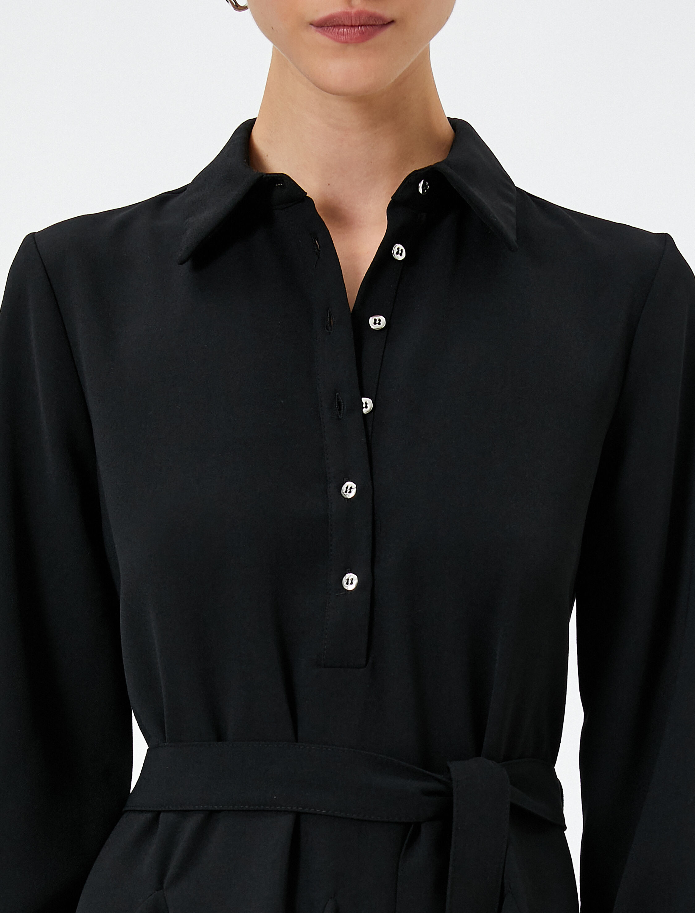   Mini Balon Kol Elbise Volanlı Beli Kuşaklı Düğmeli