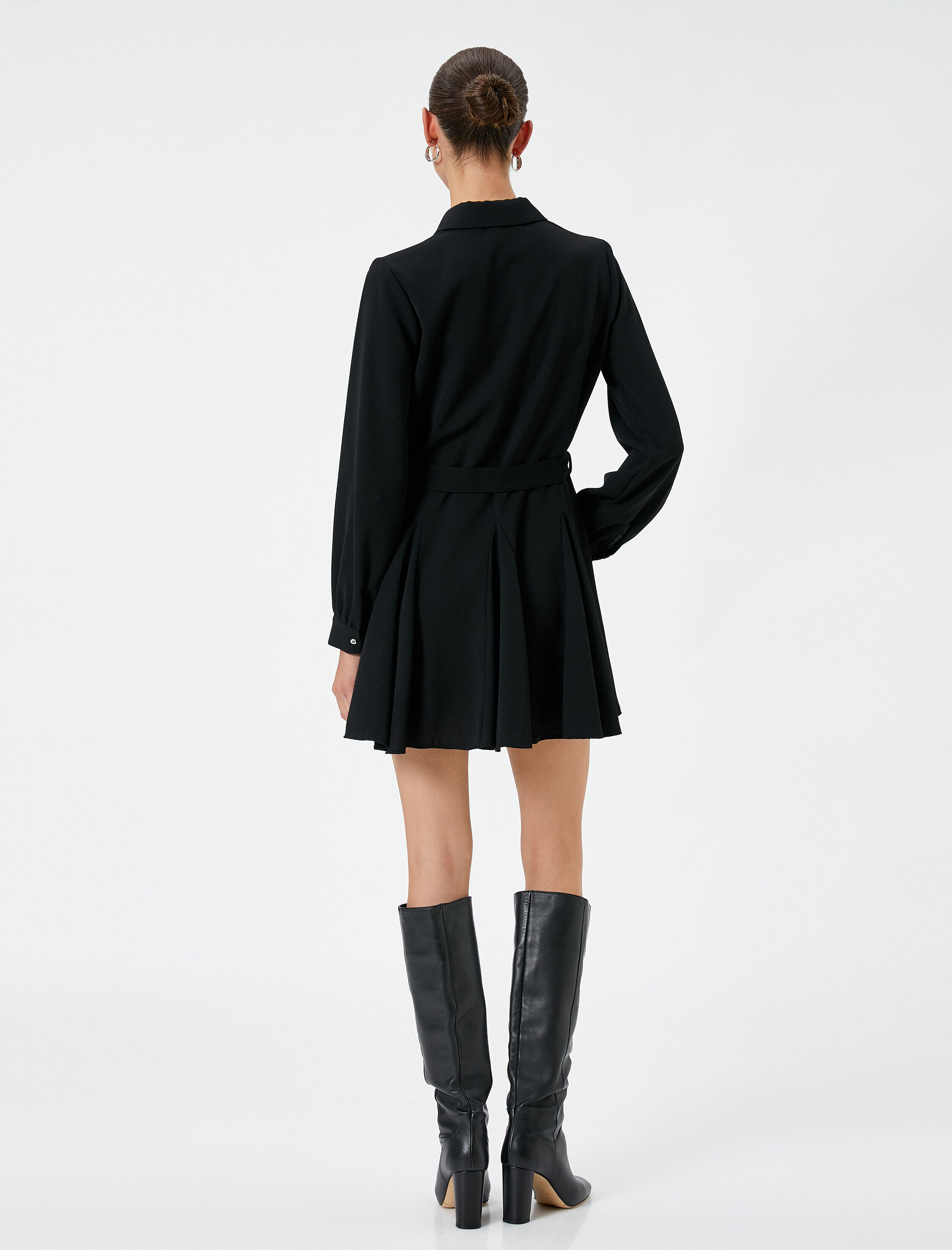   Mini Balon Kol Elbise Volanlı Beli Kuşaklı Düğmeli